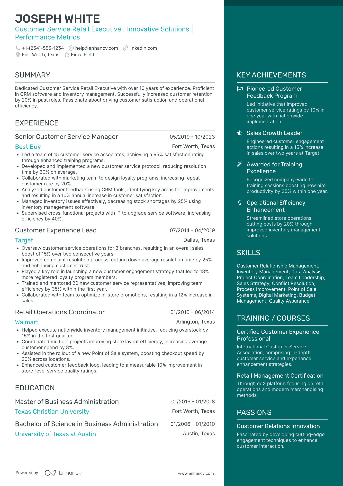 Customer Service Retail Executive Resume Example