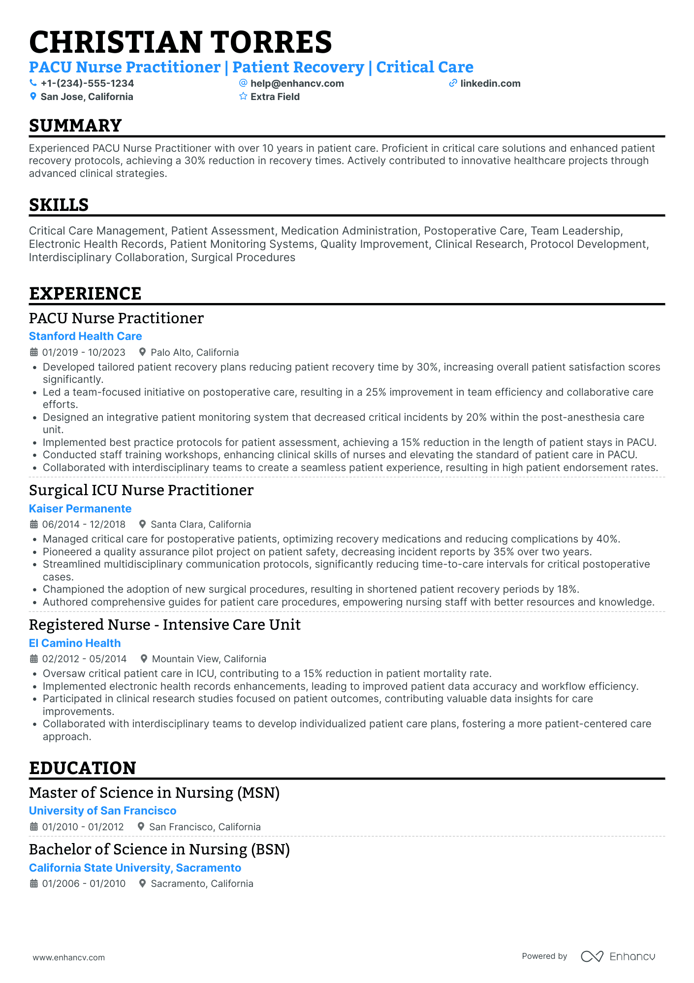 PACU Nurse Practitioner Resume Example