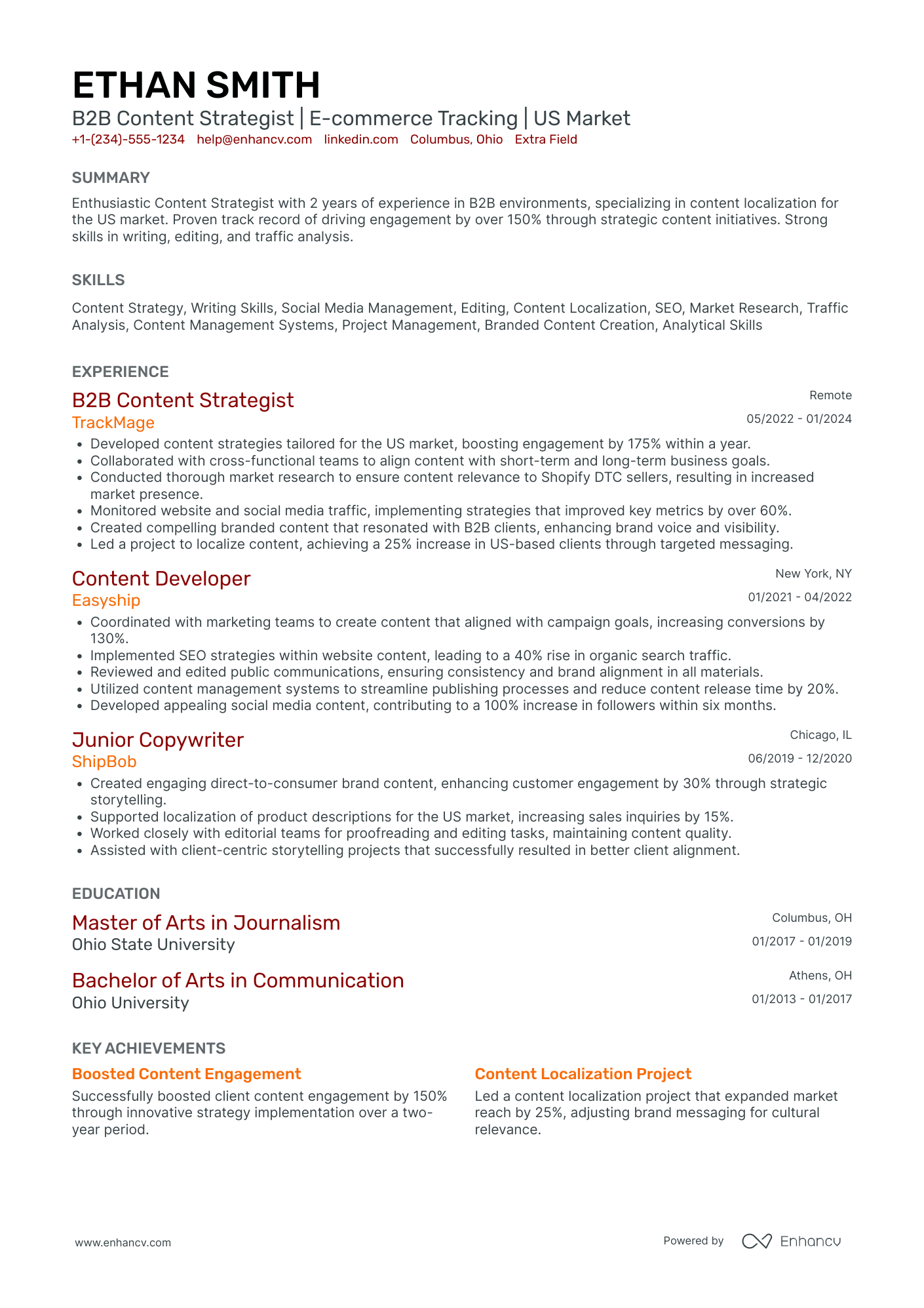 B2B Content Strategist Resume Example