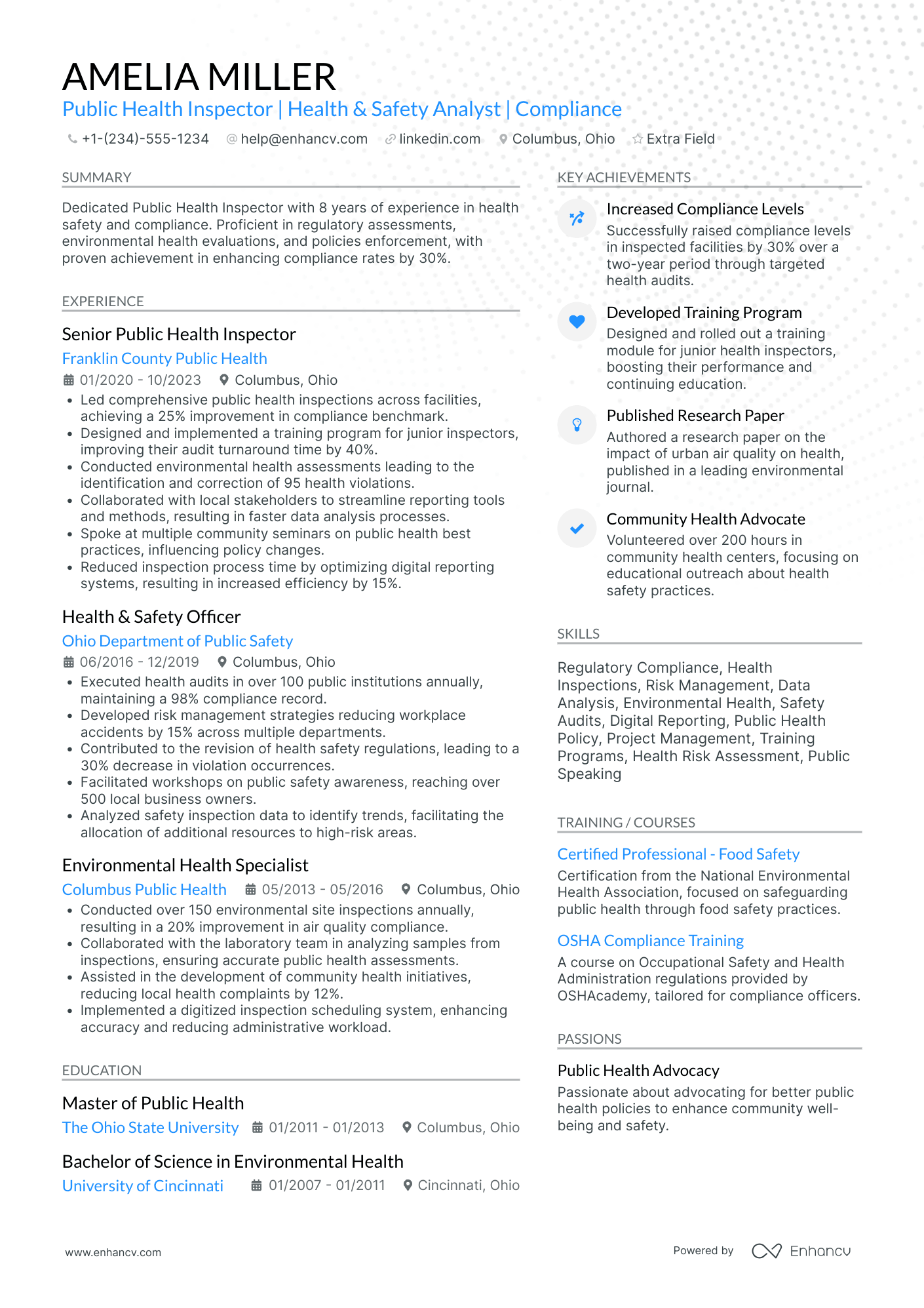 Public Health Inspector Resume Example