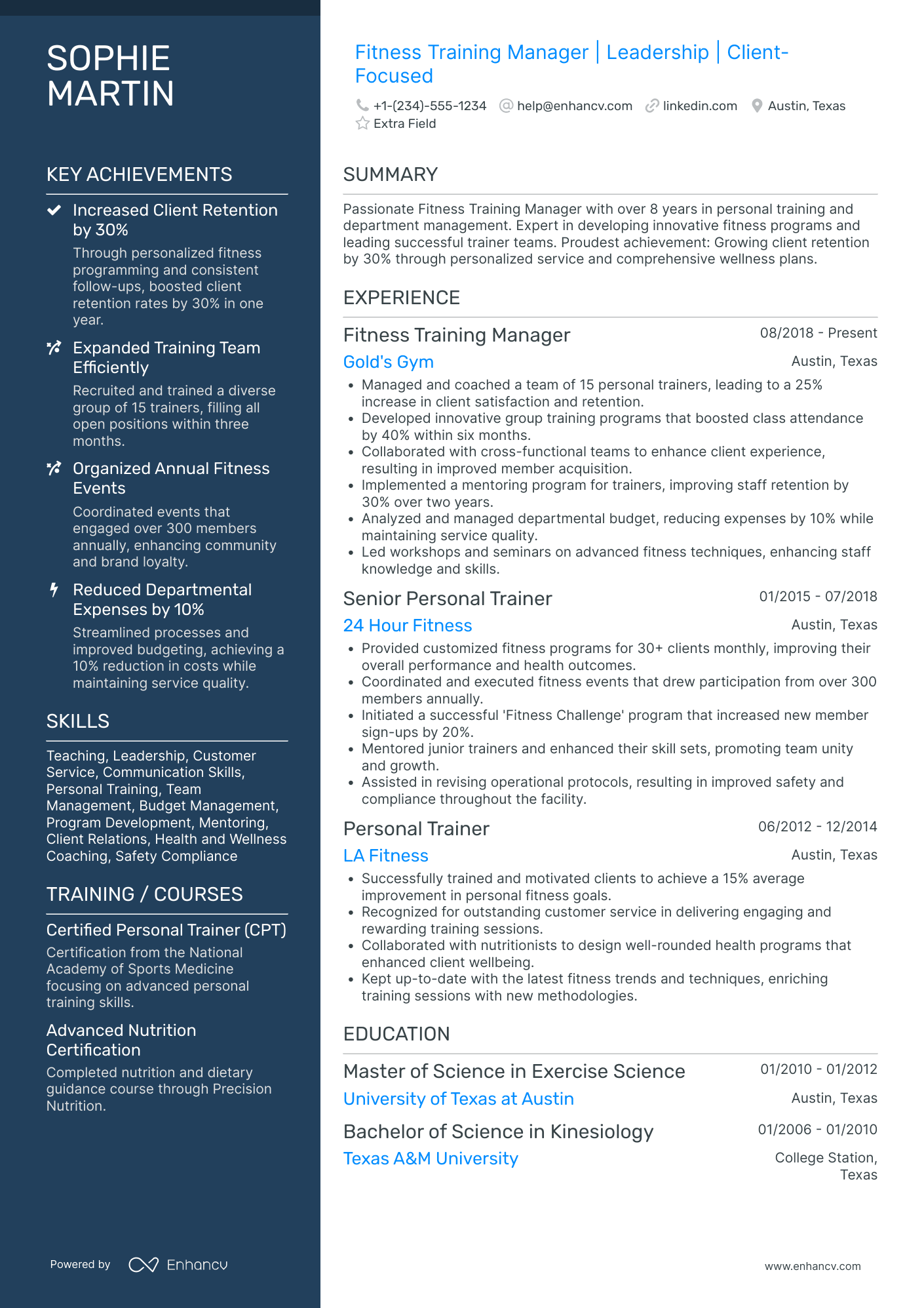 Fitness Training Manager Resume Example