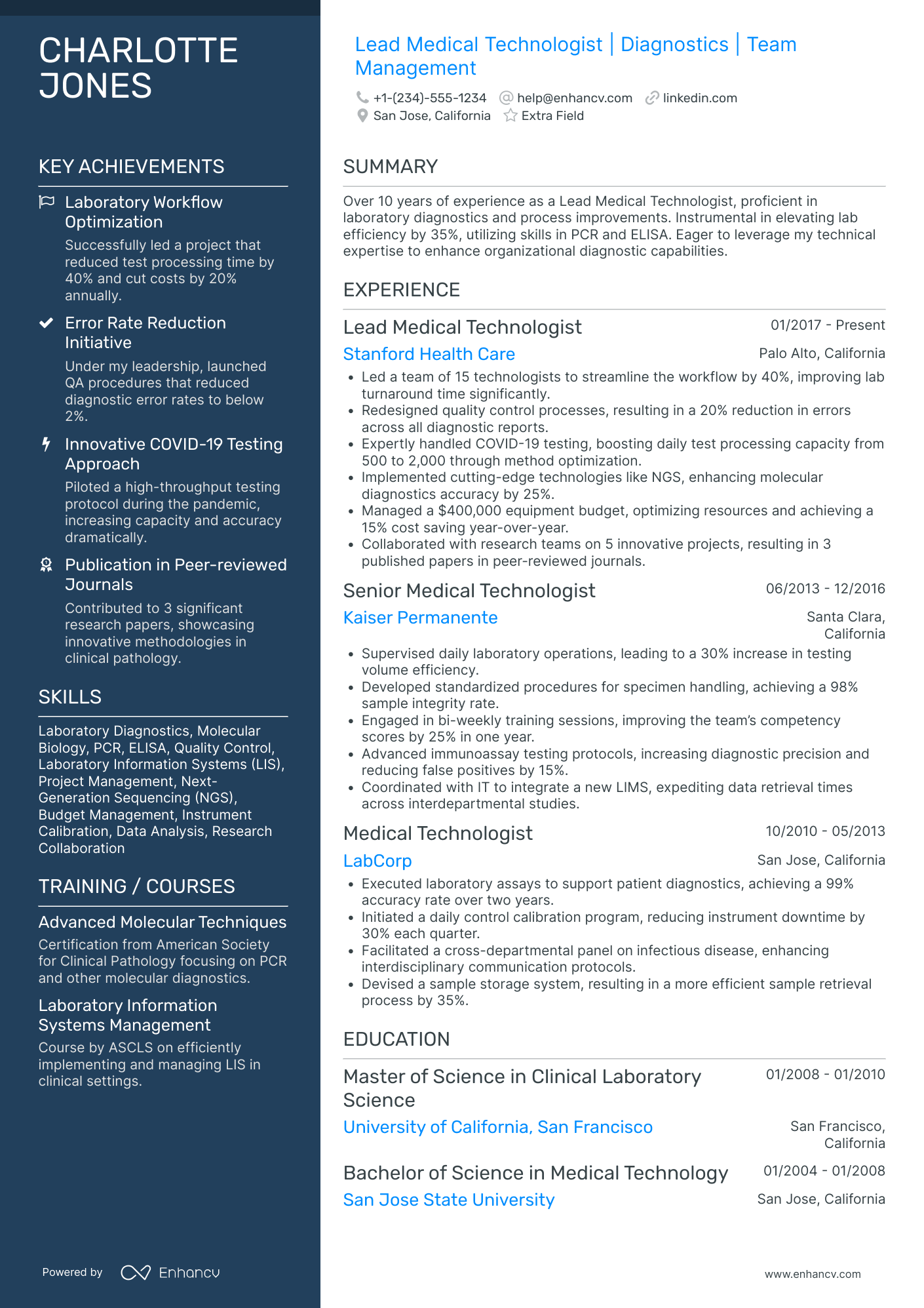 Lead Medical Technologist Resume Example