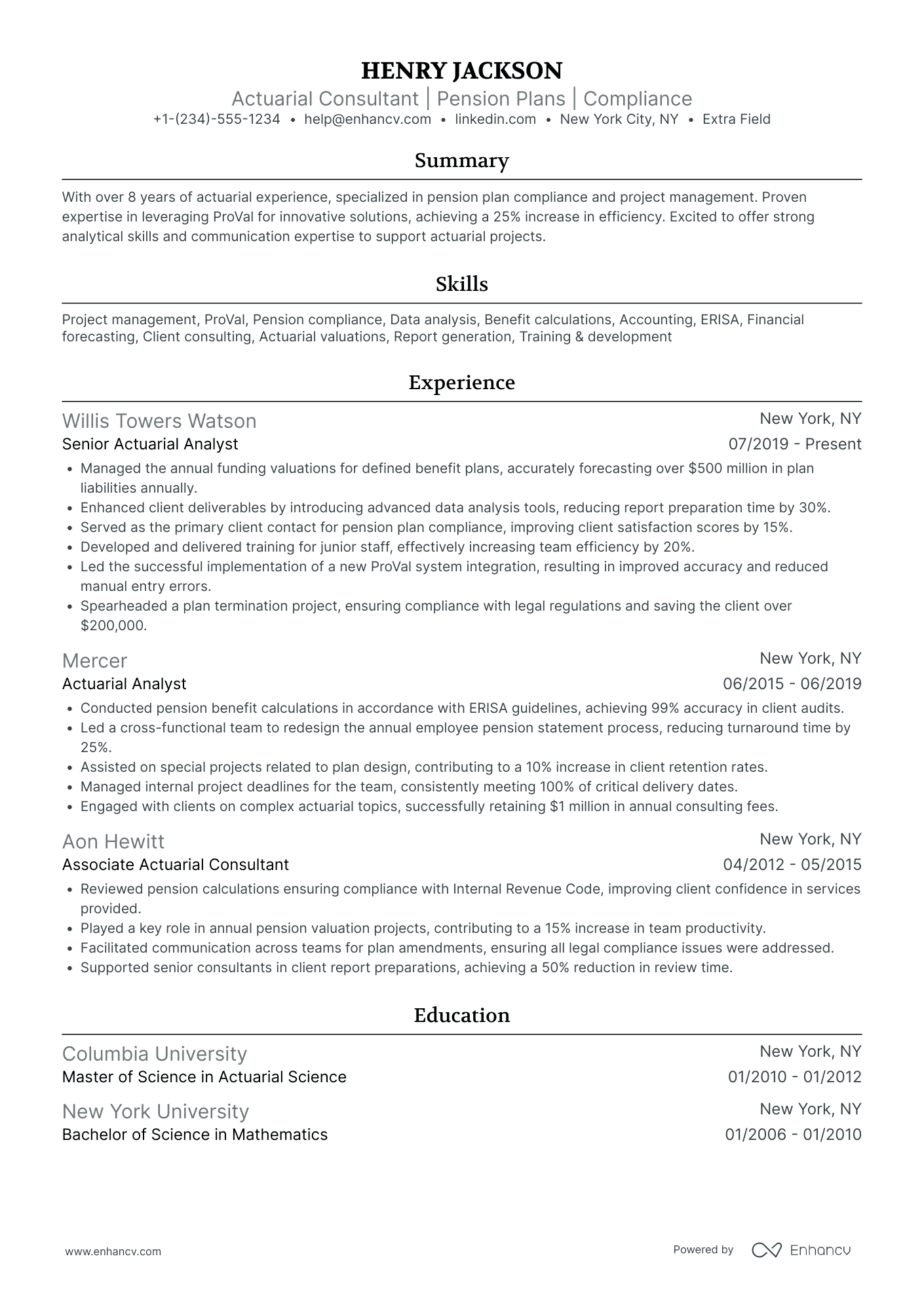 Actuarial Consultant Resume Example