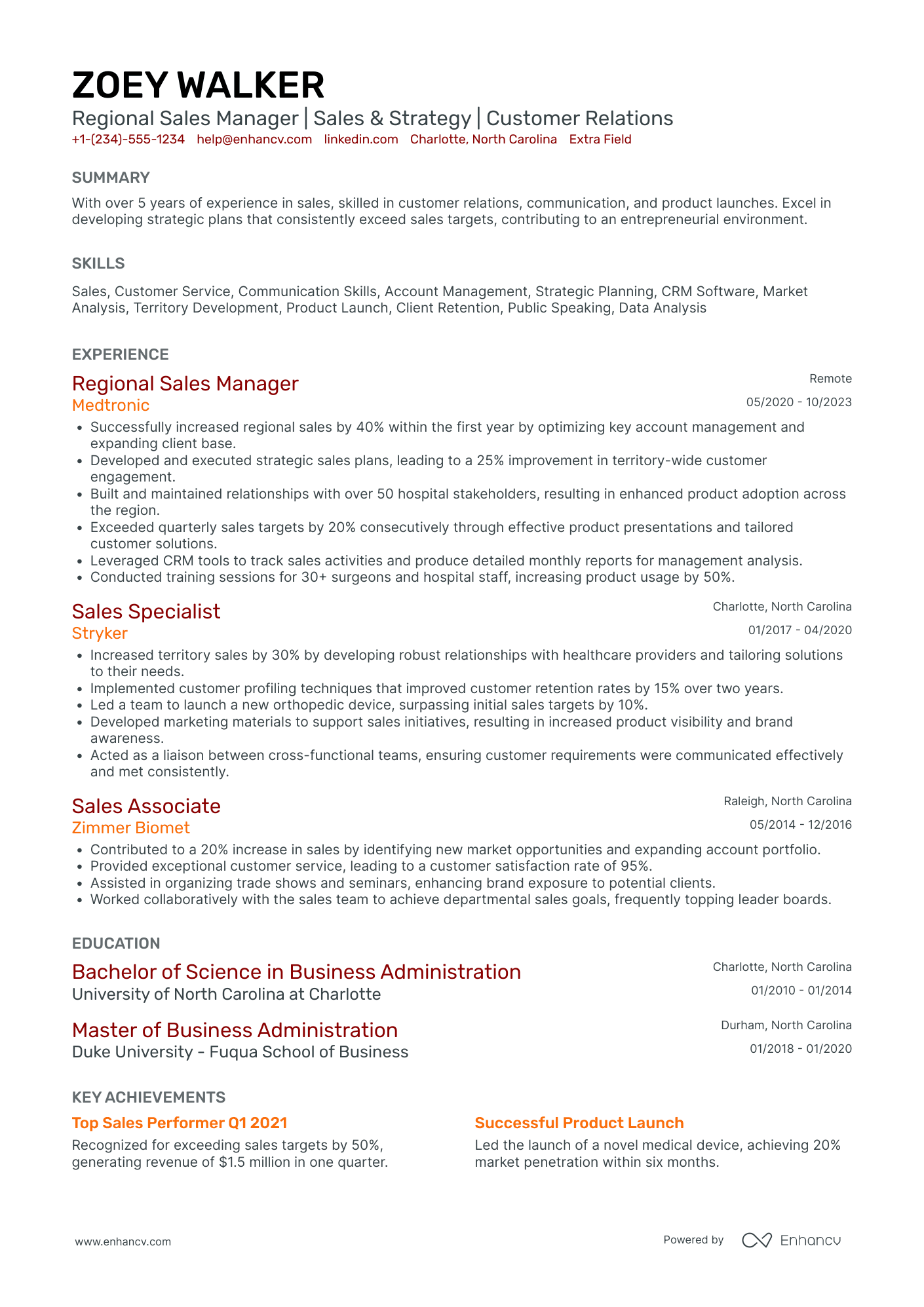 Medical Sales Product Manager Resume Example