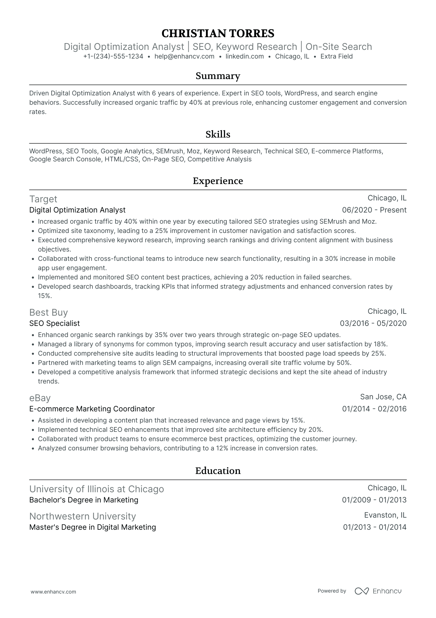 Digital Marketing SEO Analyst Resume Example