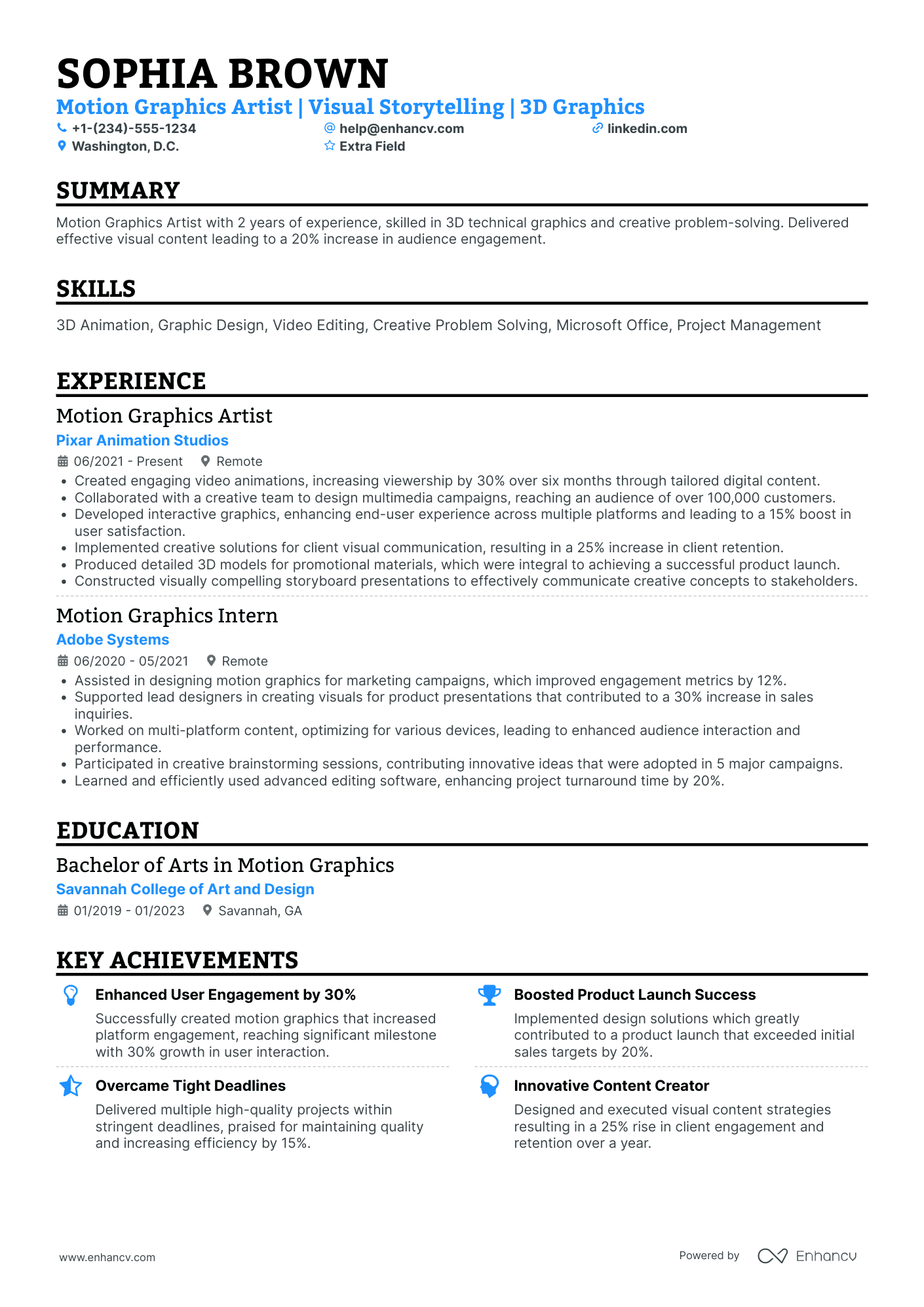 Junior Motion Graphics Artist Resume Example