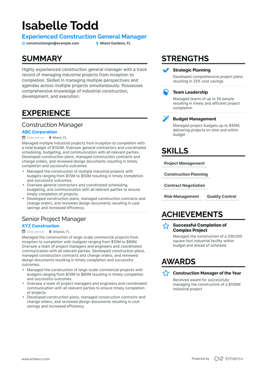 Construction General Manager Resume Example