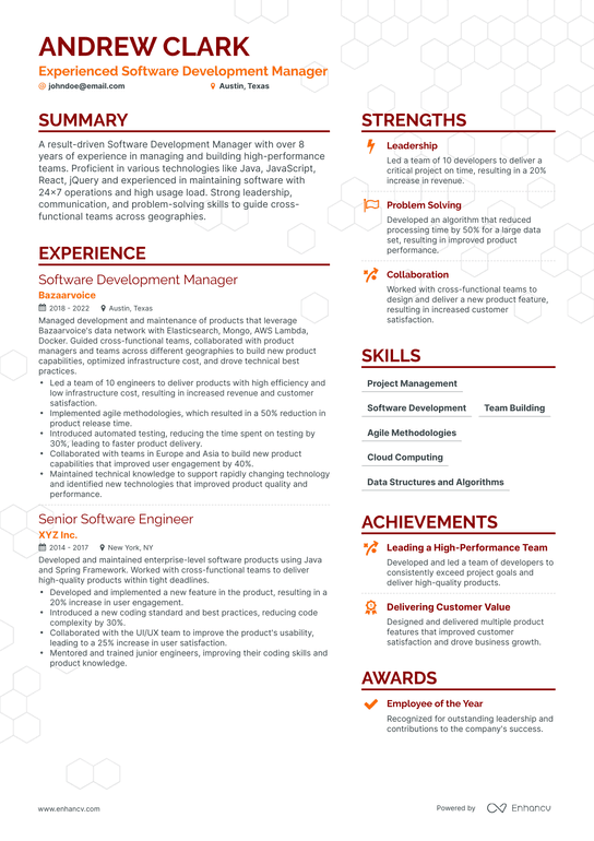 Software Development Manager Resume Example