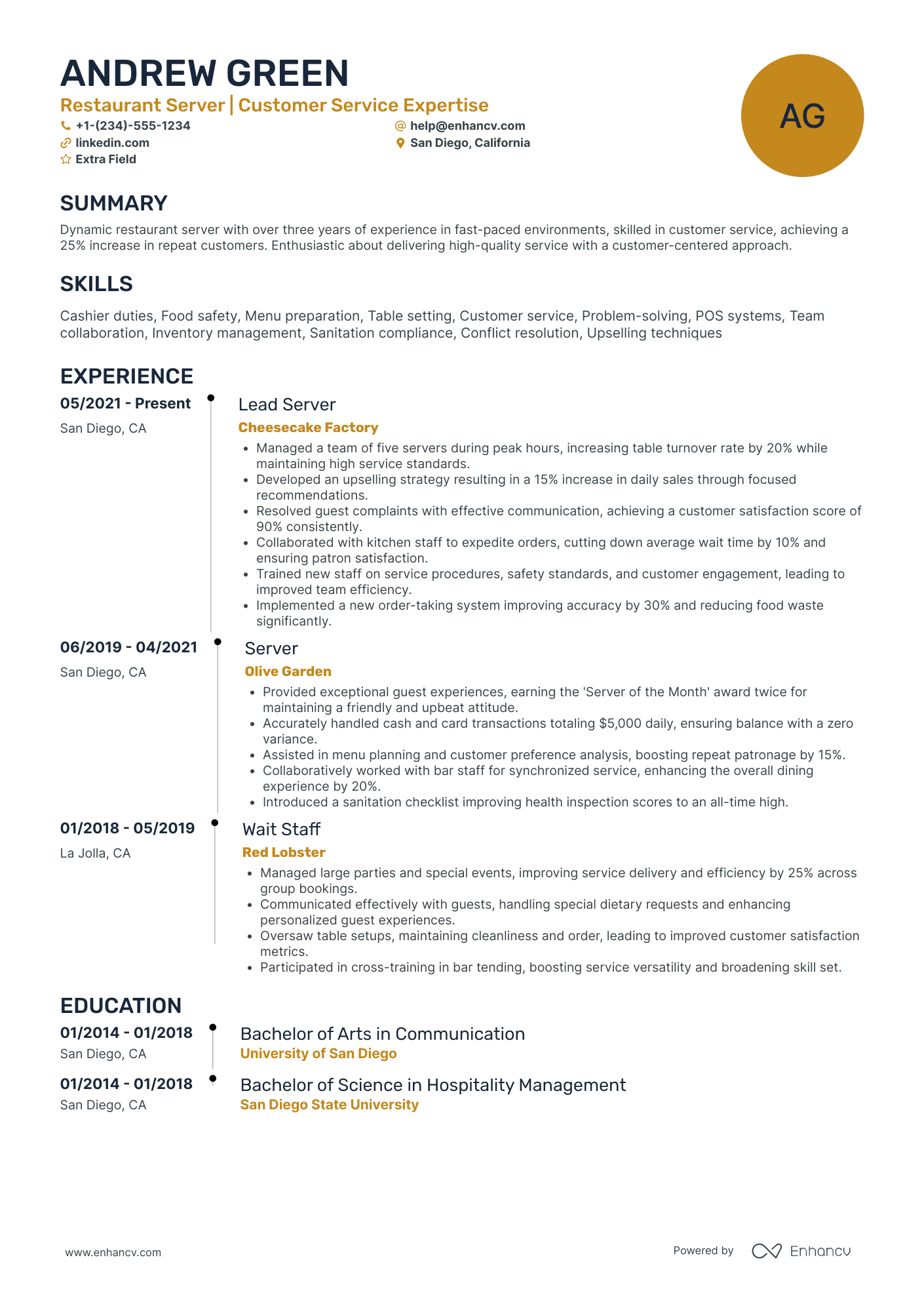 Poolside Waiter Resume Example