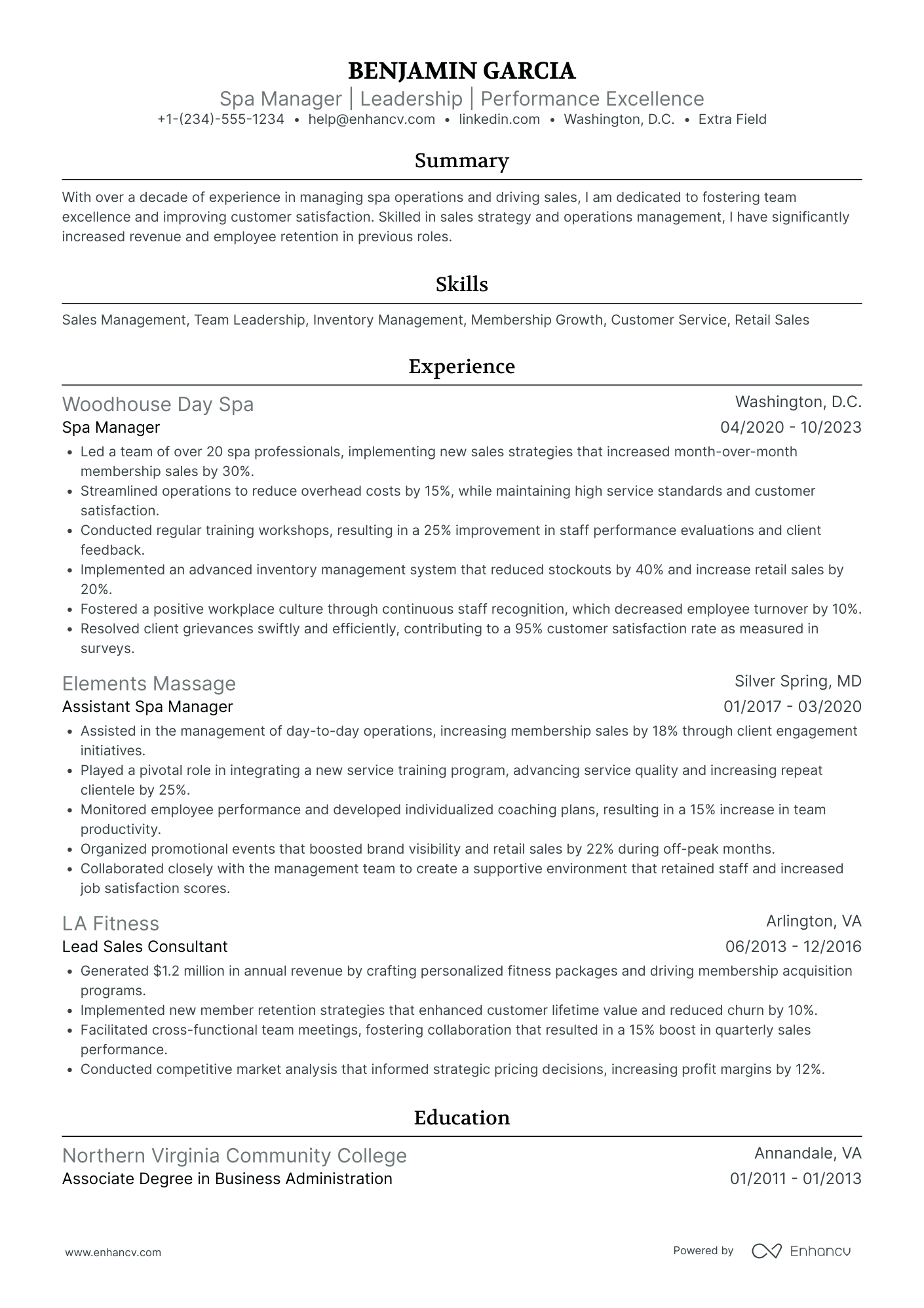 Mobile Spa Manager Resume Example