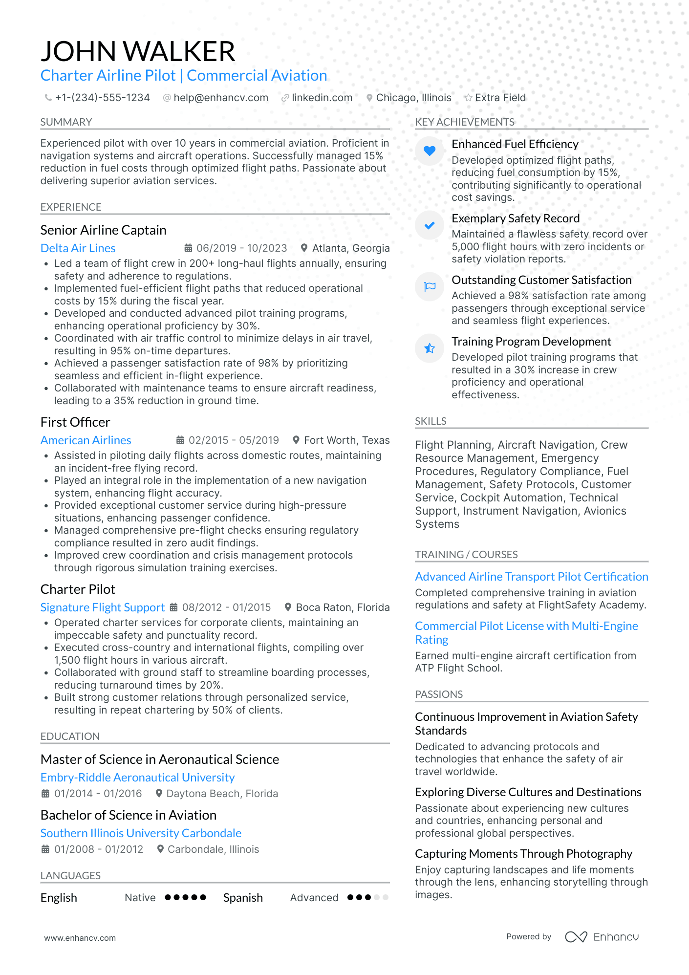 Charter Airline Pilot Resume Example