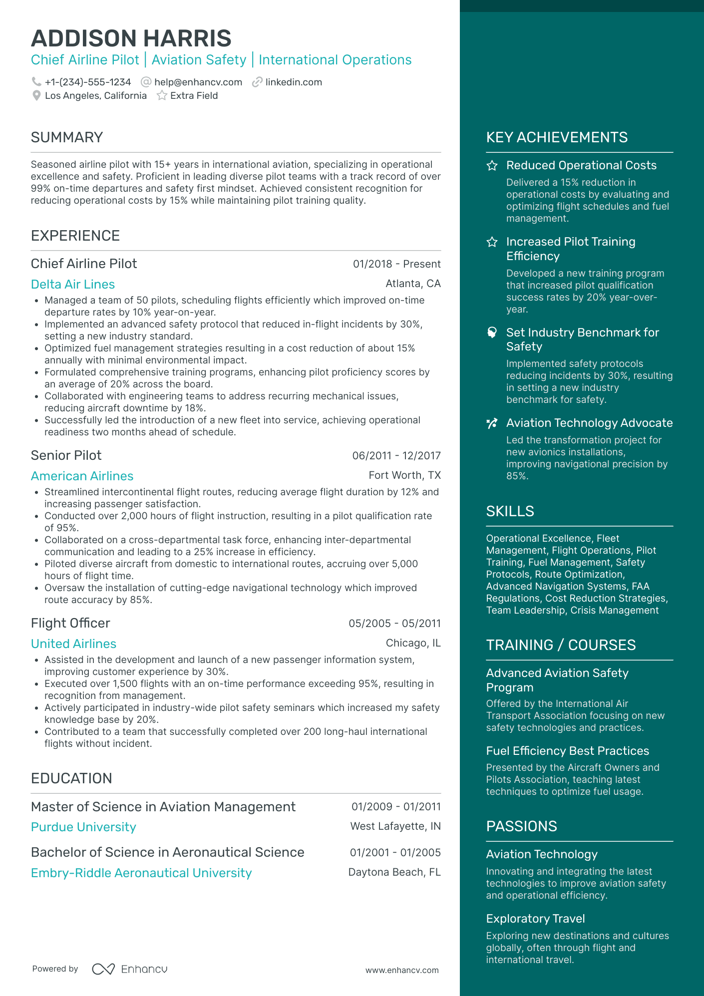 Chief Airline Pilot Resume Example