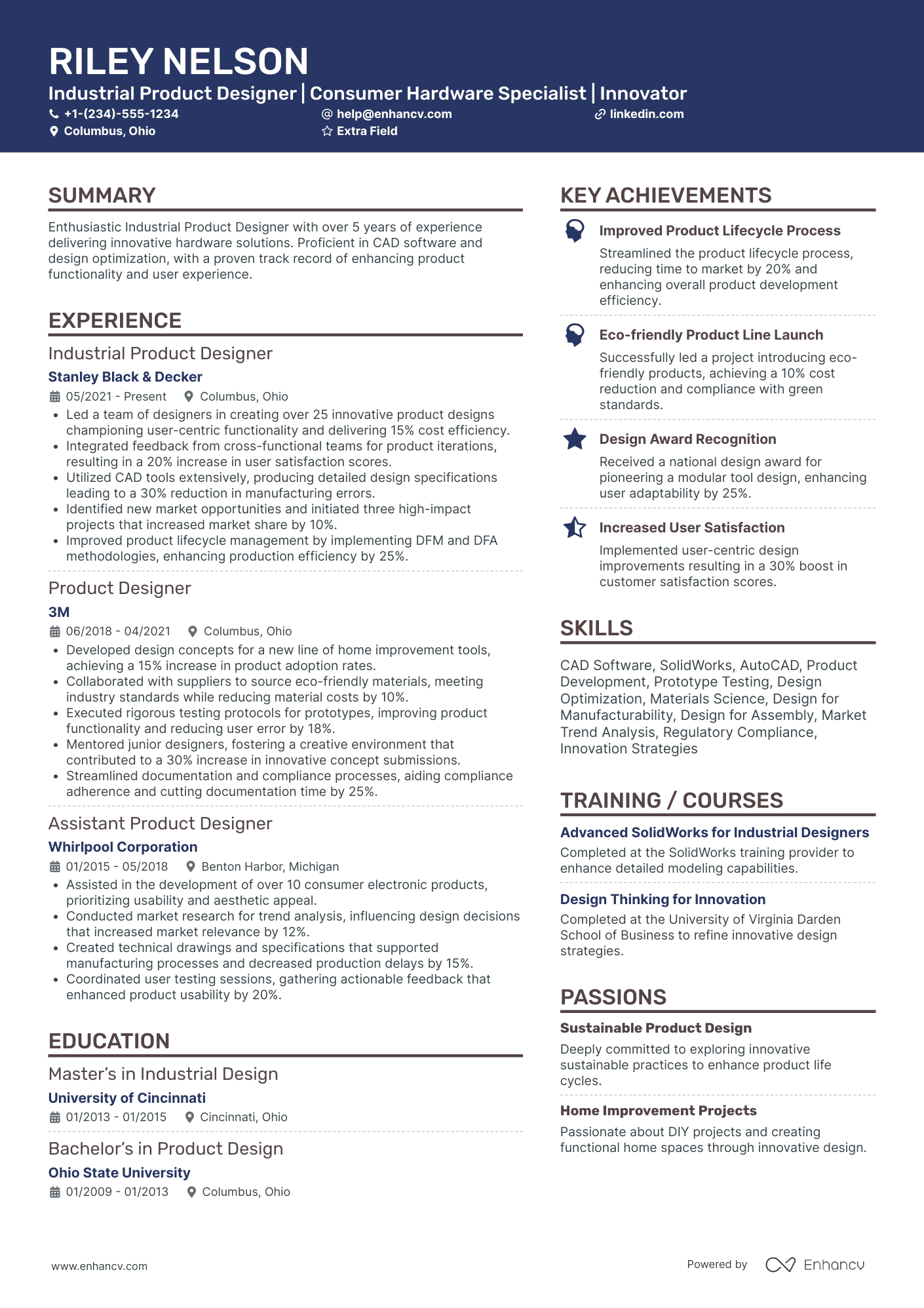 Industrial Product Designer Resume Example