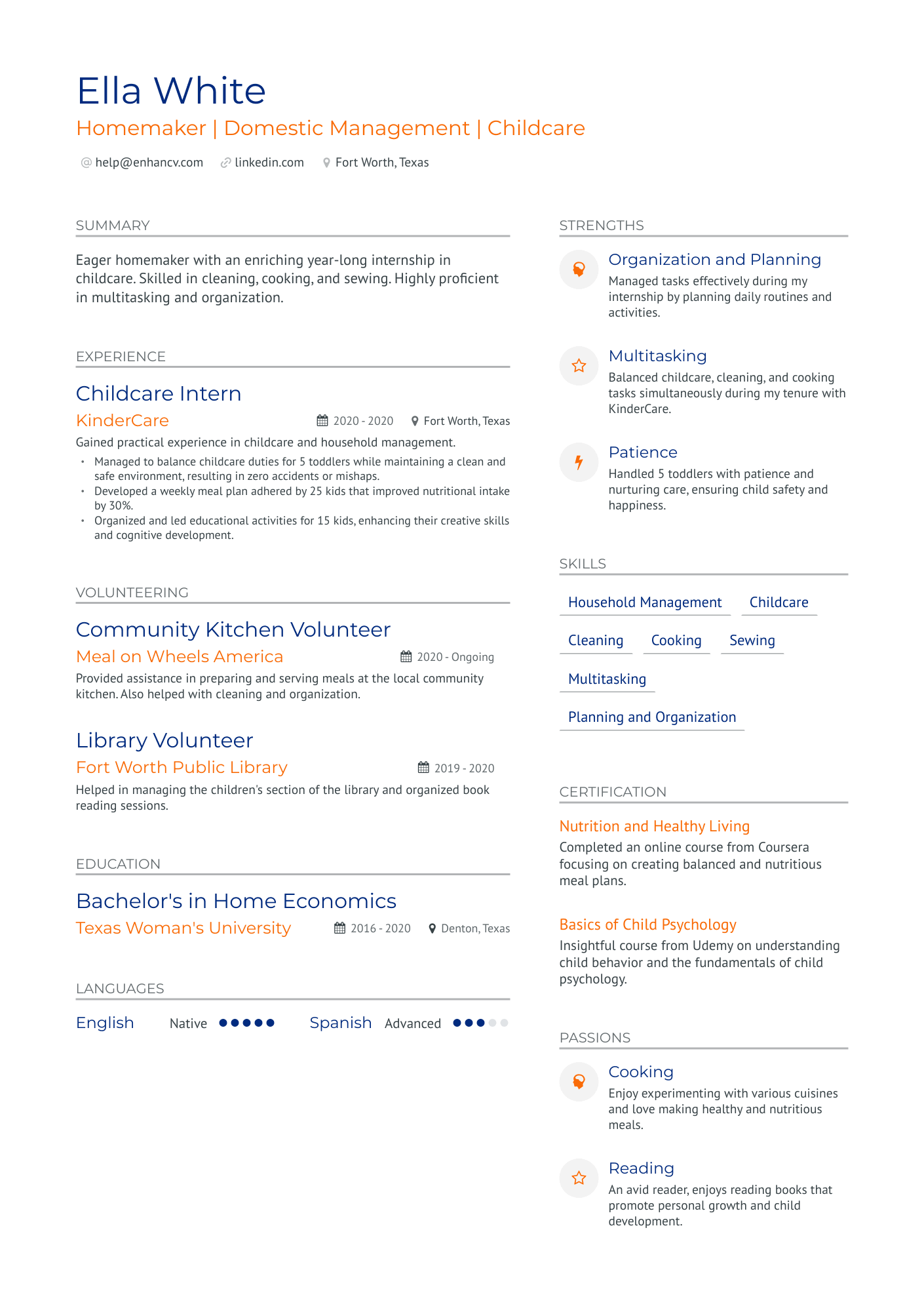 Homemaker No Experience Resume Example