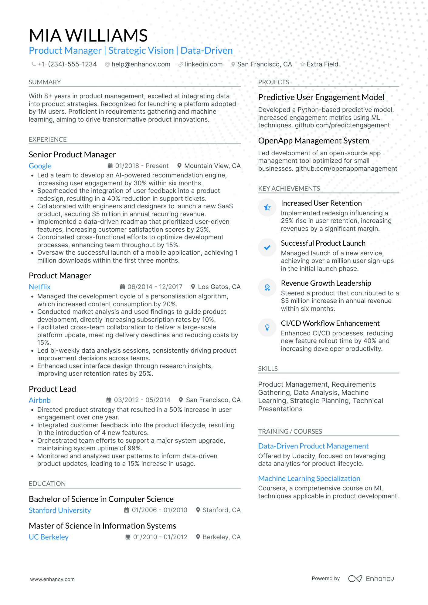 Facebook Product Manager Resume Example