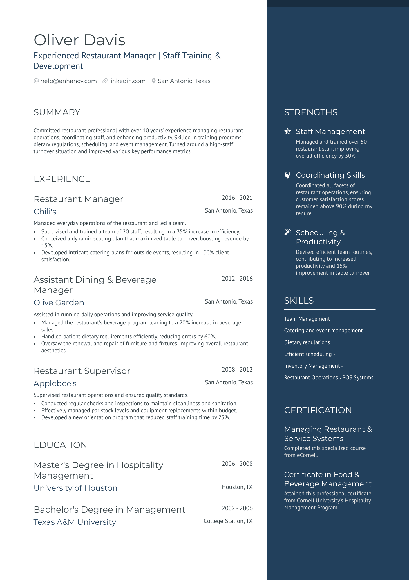 Head Waitress Resume Example