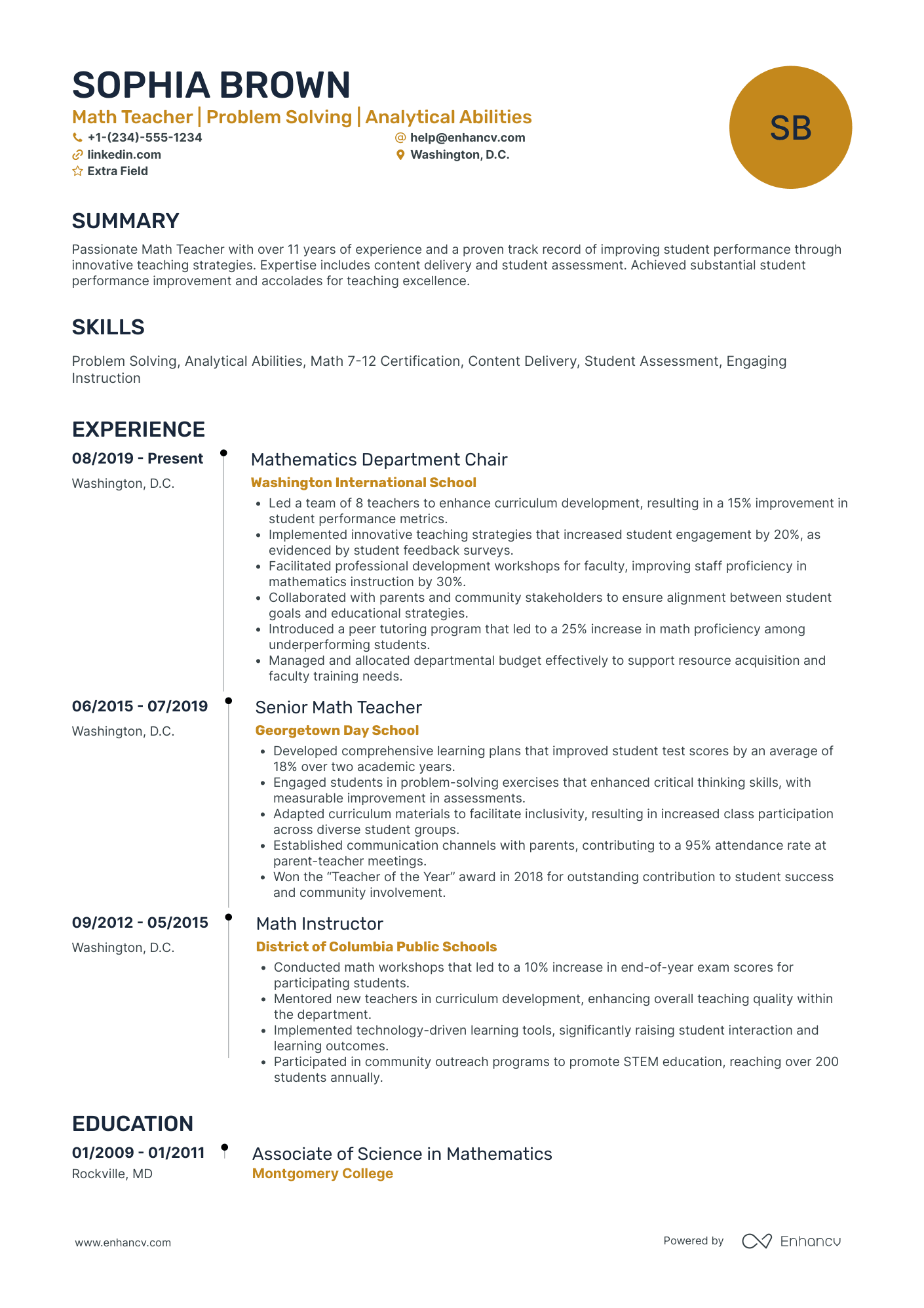 Mid Level High School Teacher Resume Example