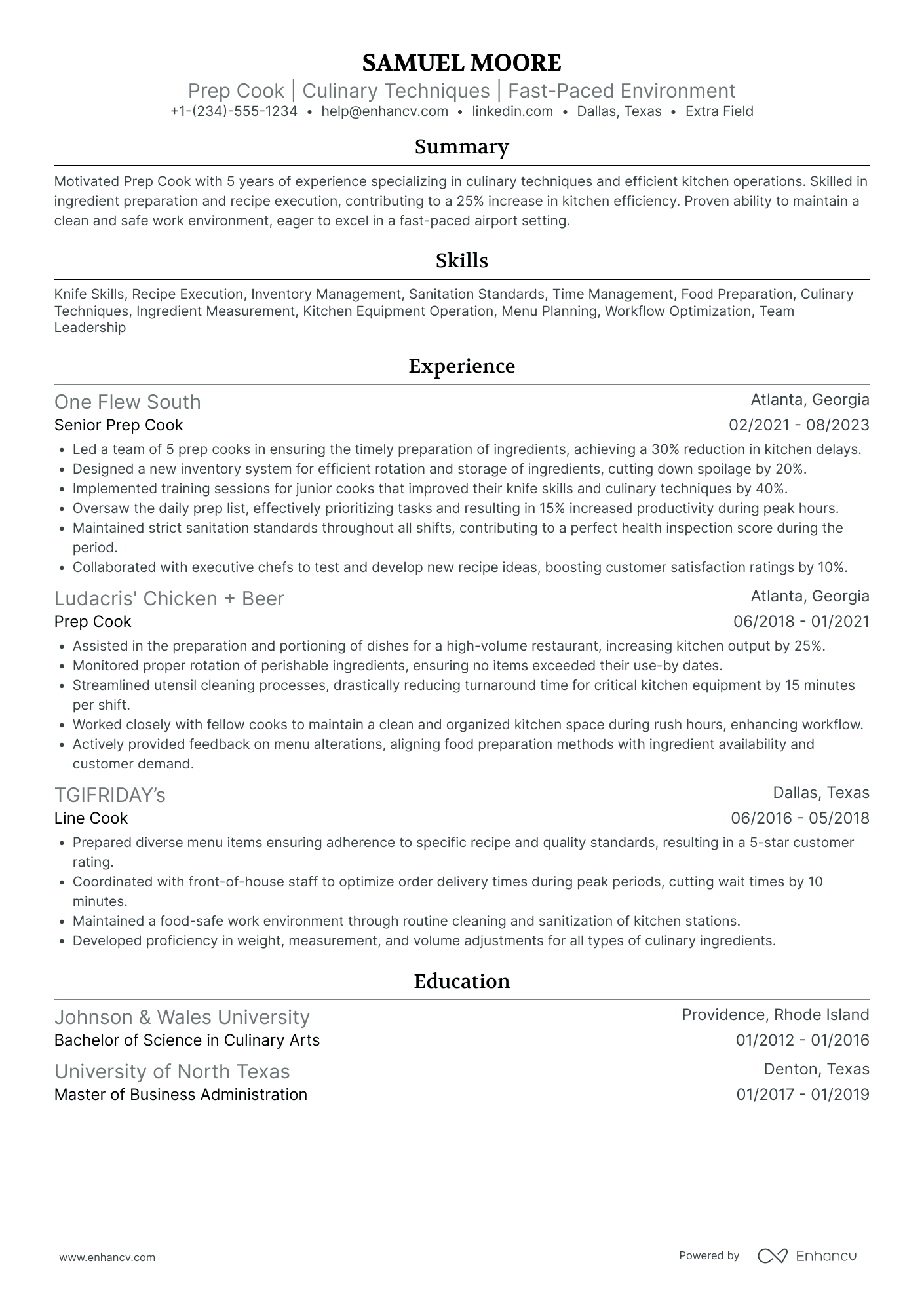 Senior Prep Cook Resume Example