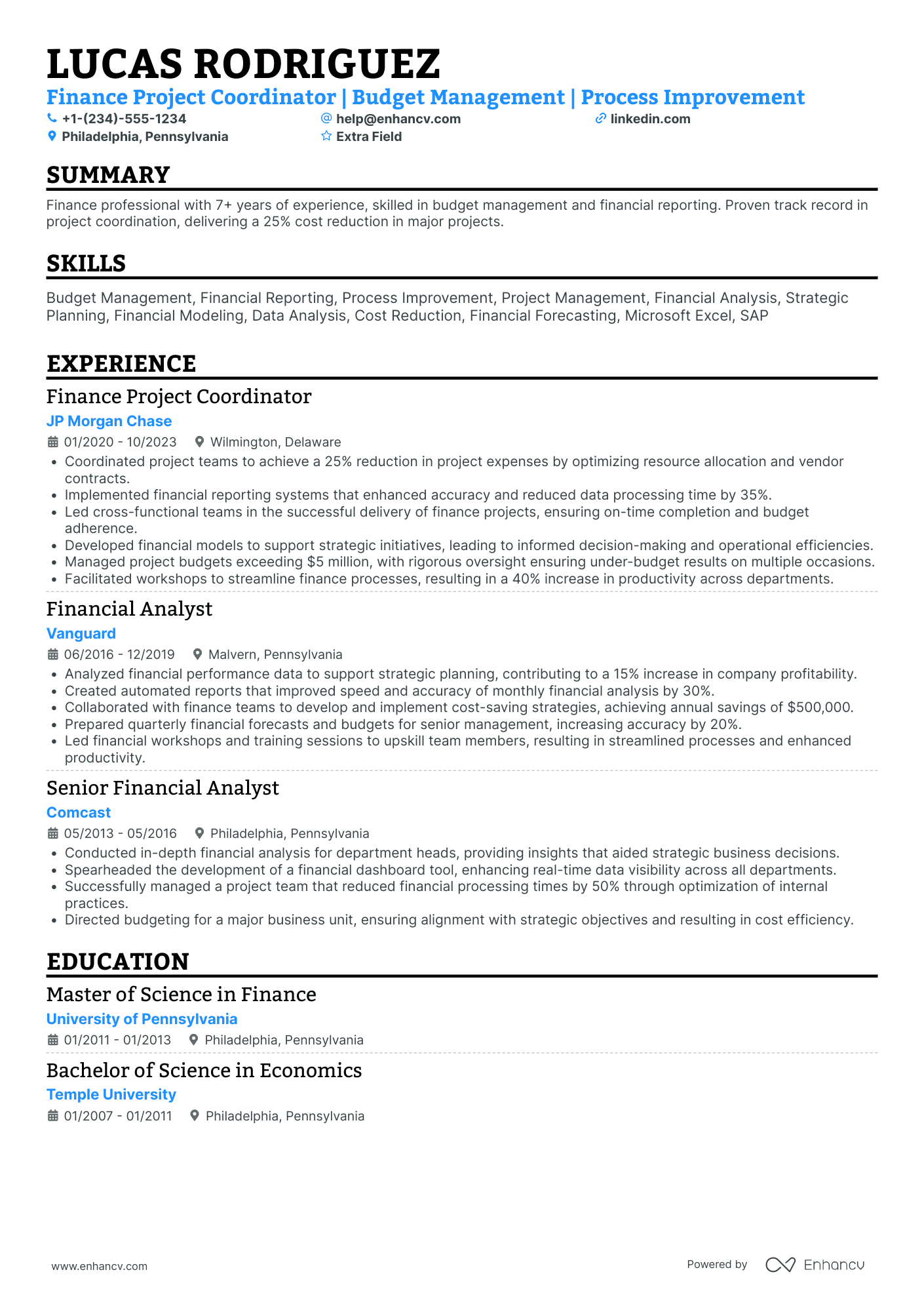 Finance Project Coordinator Resume Example