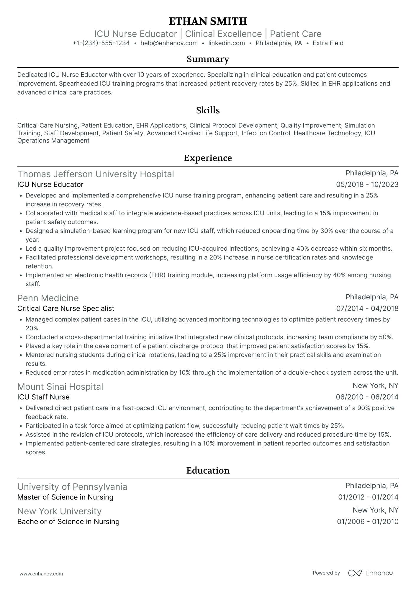 ICU Nurse Educator Resume Example