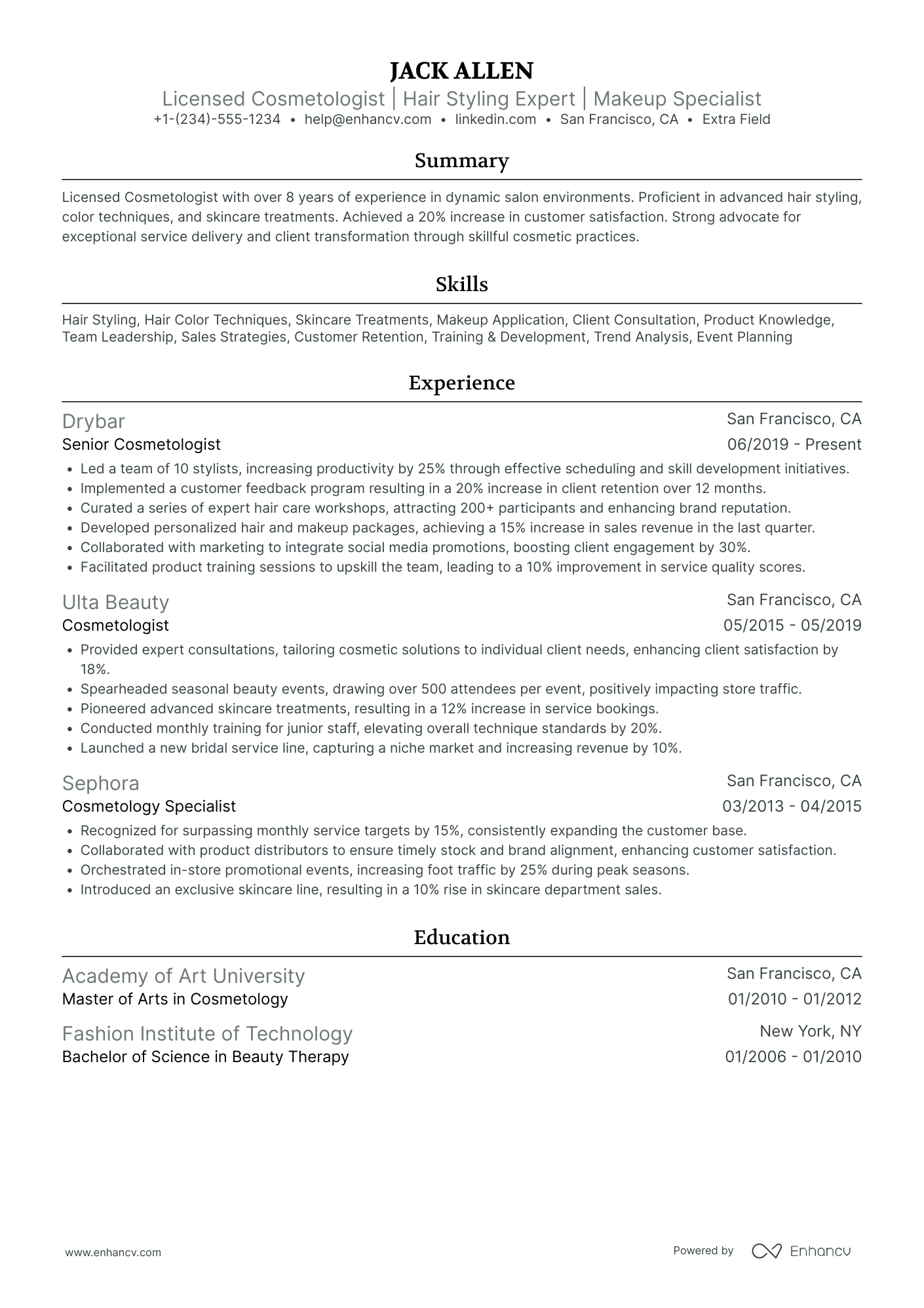 Licensed Cosmetologist Resume Example