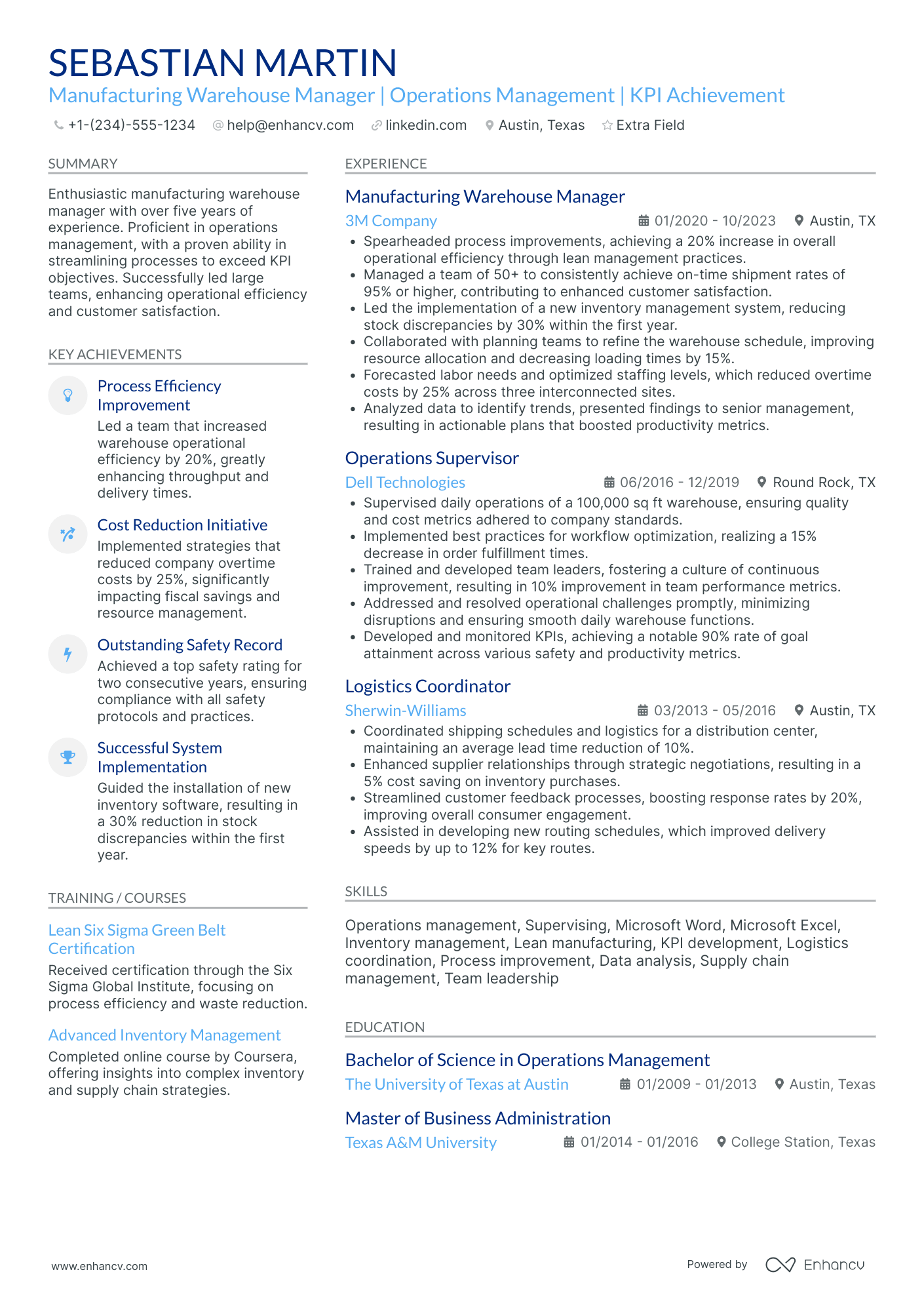 Manufacturing Warehouse Manager Resume Example