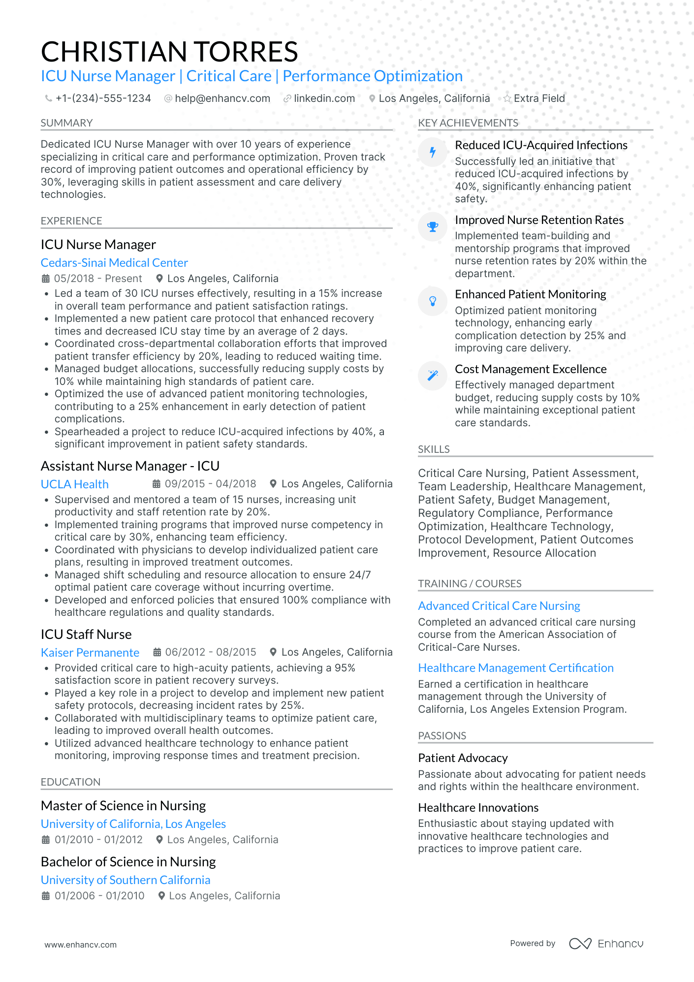 ICU Nurse Manager Resume Example