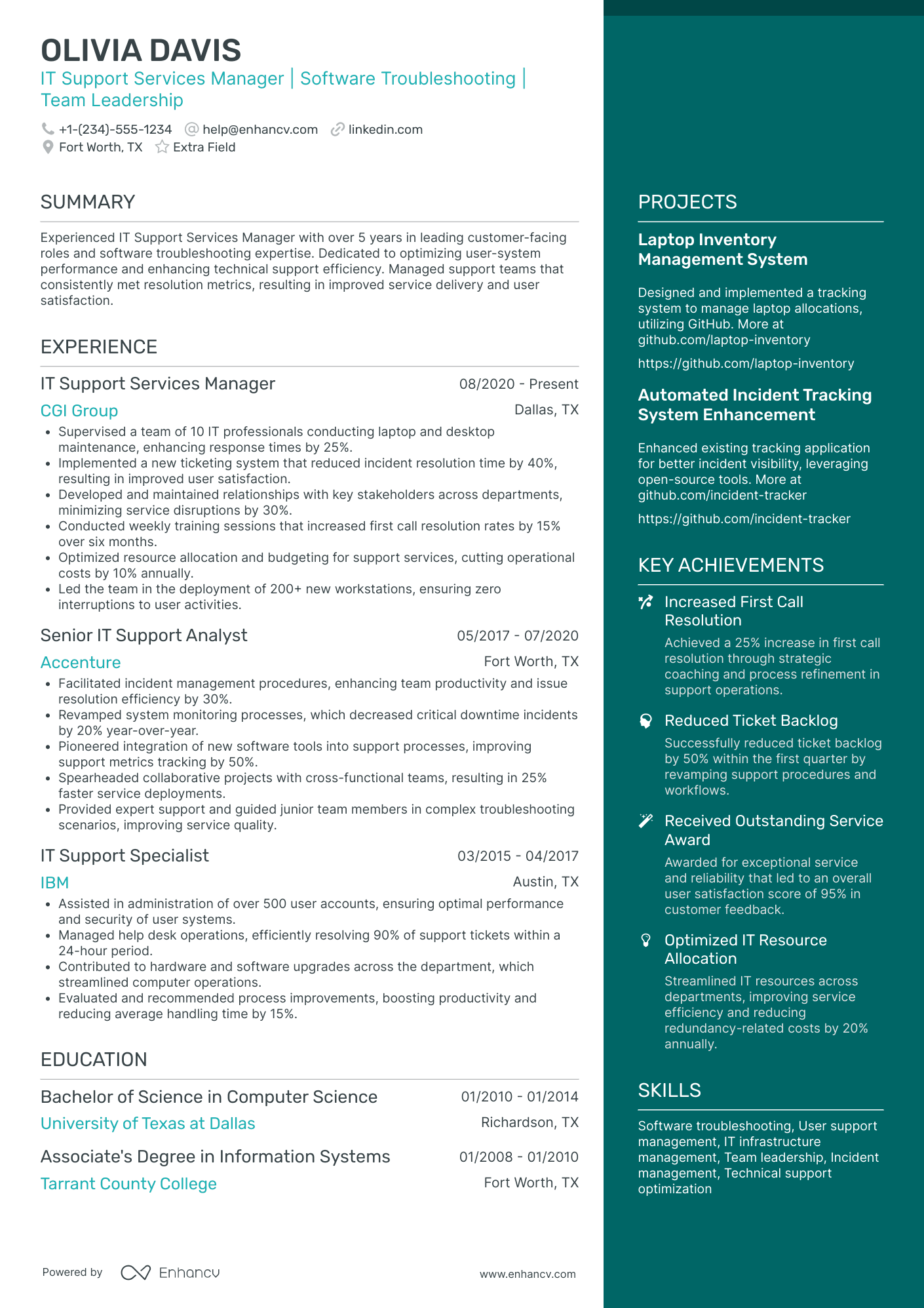 IT Service Desk Manager Resume Example