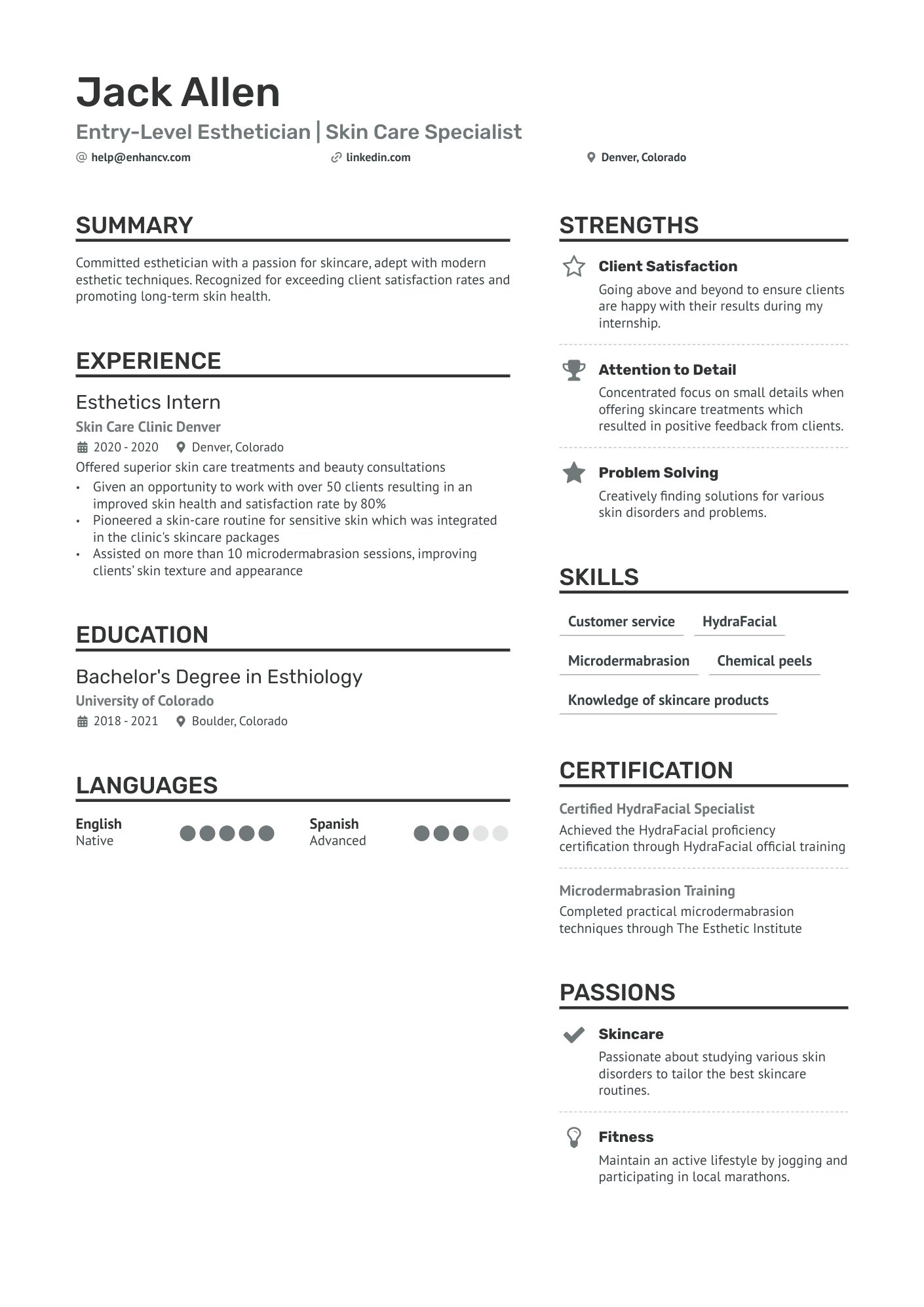 Entry Level Esthetician Resume Example