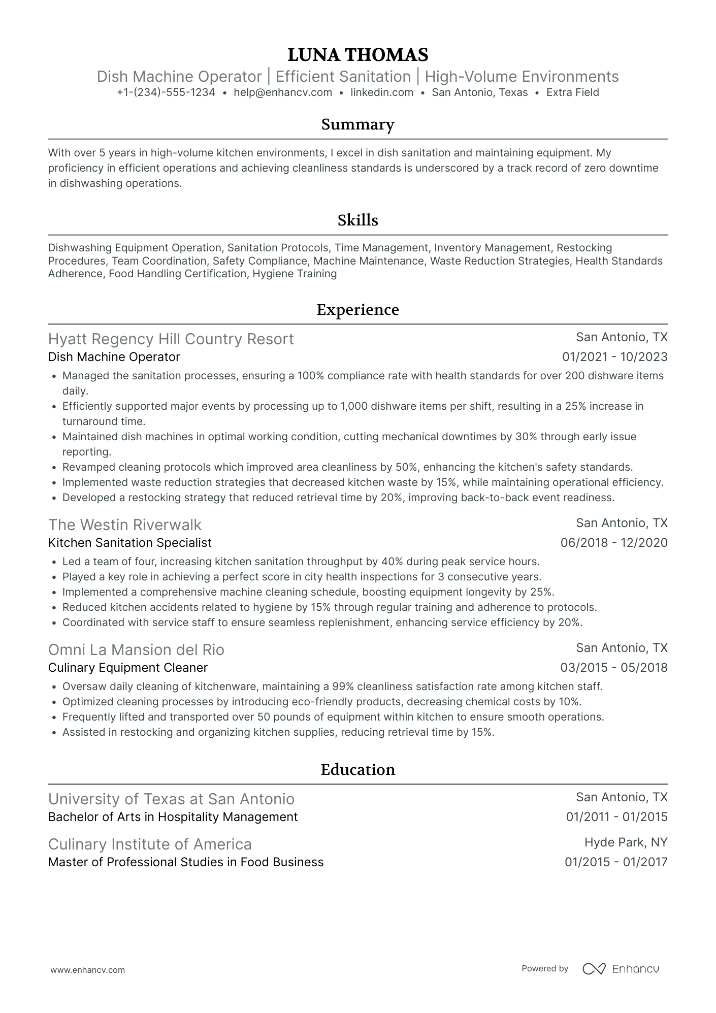 Dishwasher Operator Resume Example