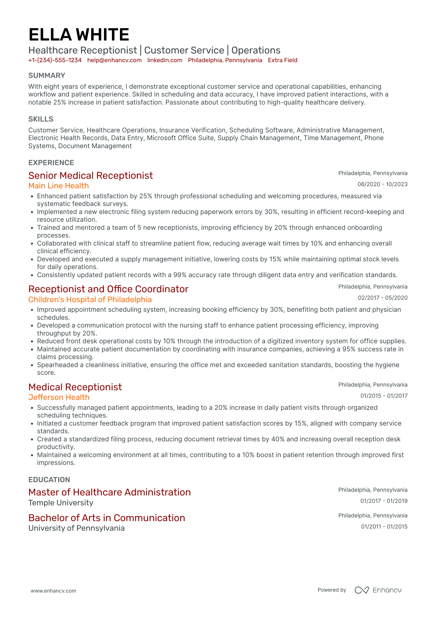 Senior Medical Receptionist Resume Example