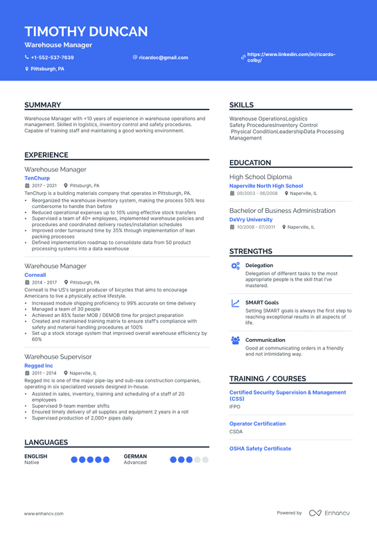 Warehouse Manager Resume Example