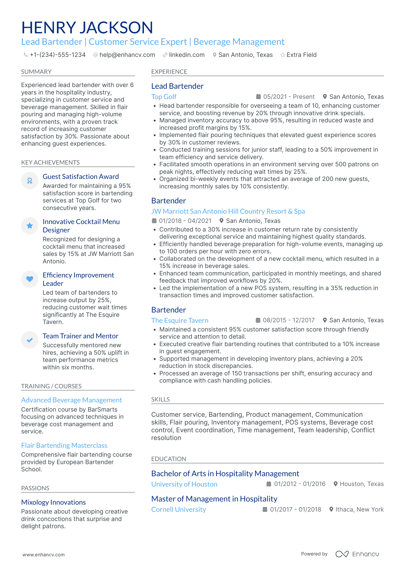 Lead Bartender Resume Example