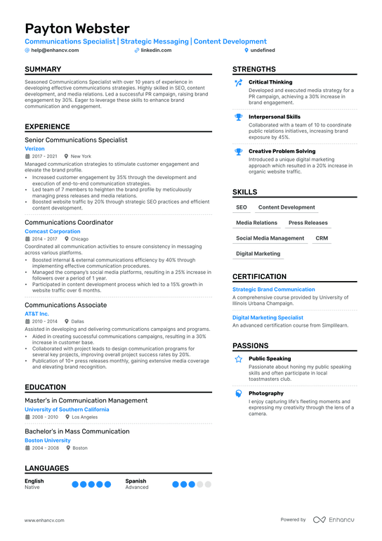 Communications Specialist Resume Example
