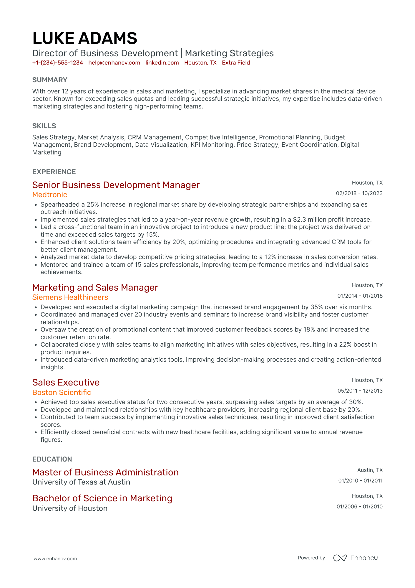 Marketing Director, Business Development Resume Example