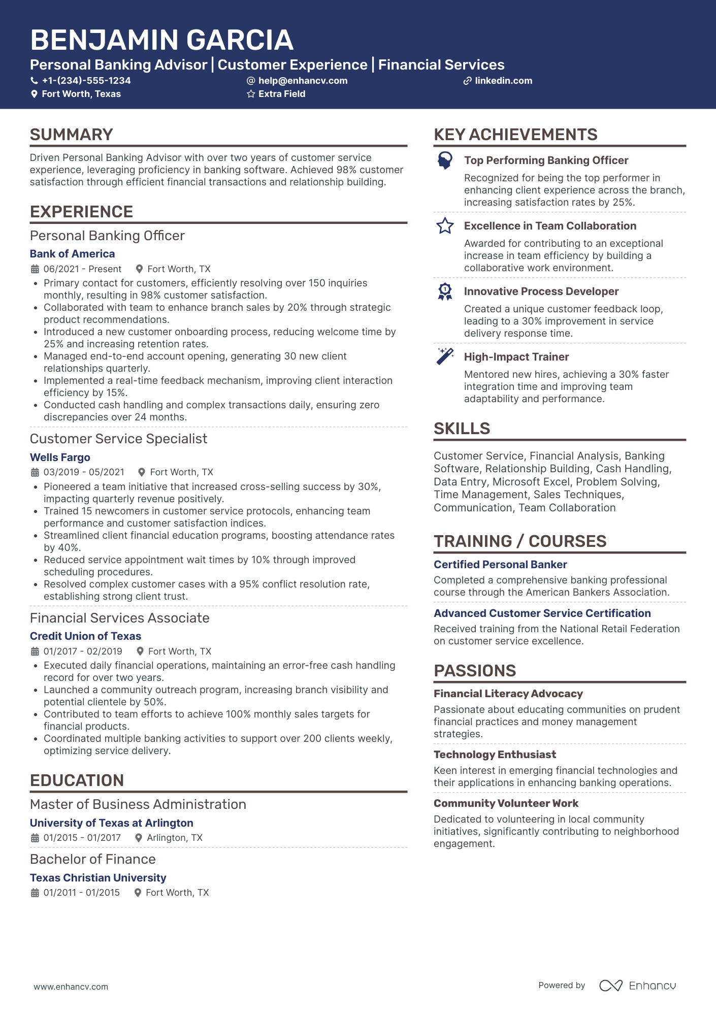 Personal Banking Advisor Resume Example