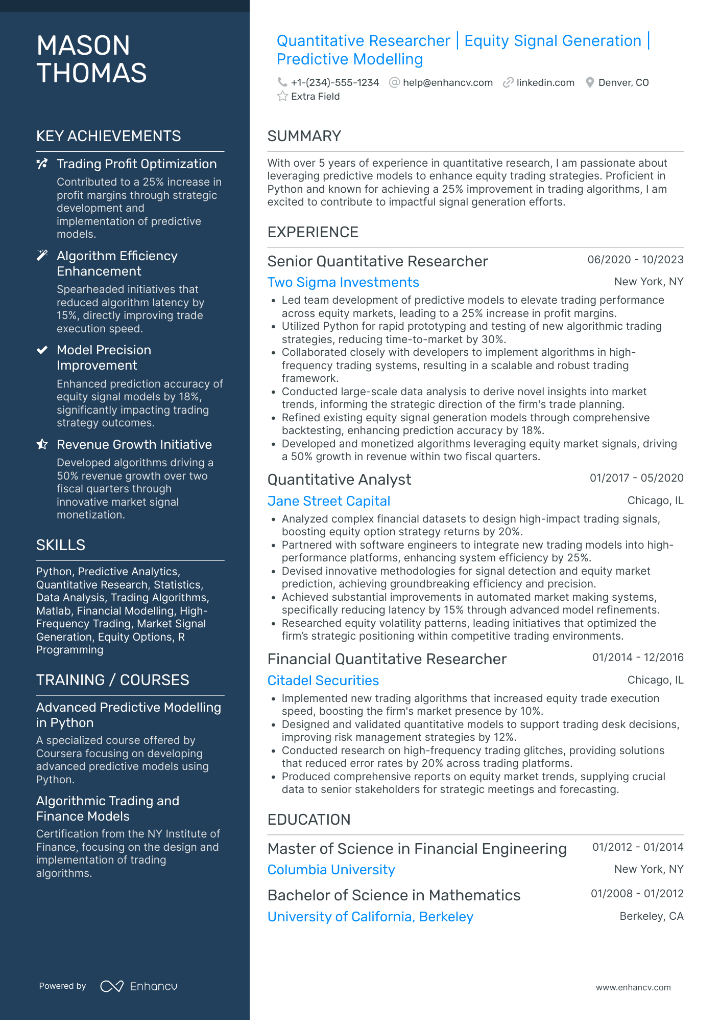 Entry Level Quantitative Researcher Resume Example