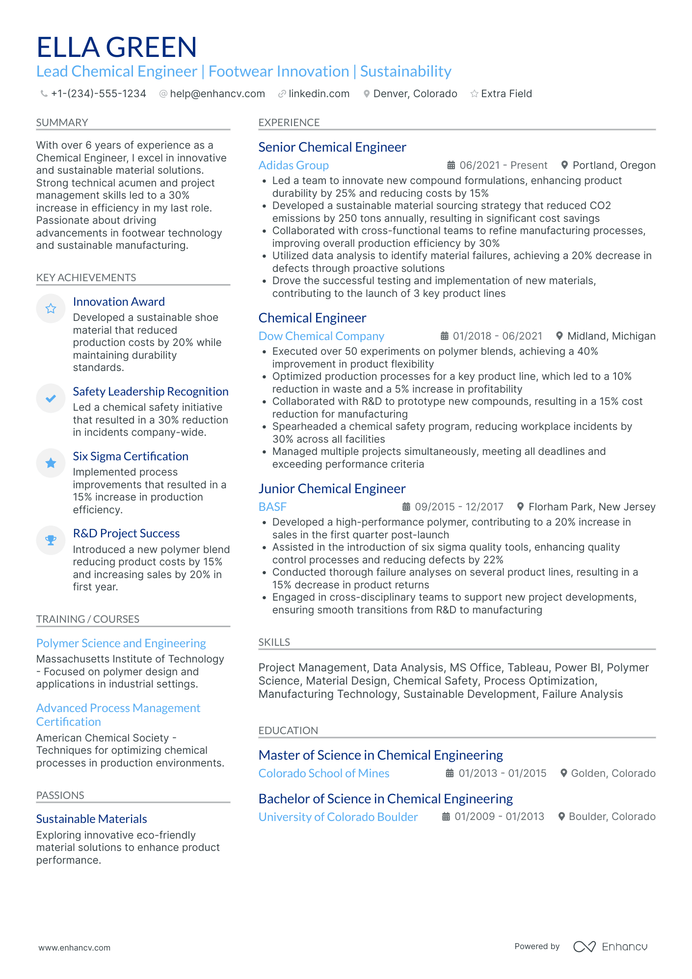 Chemical Engineering Manager Resume Example