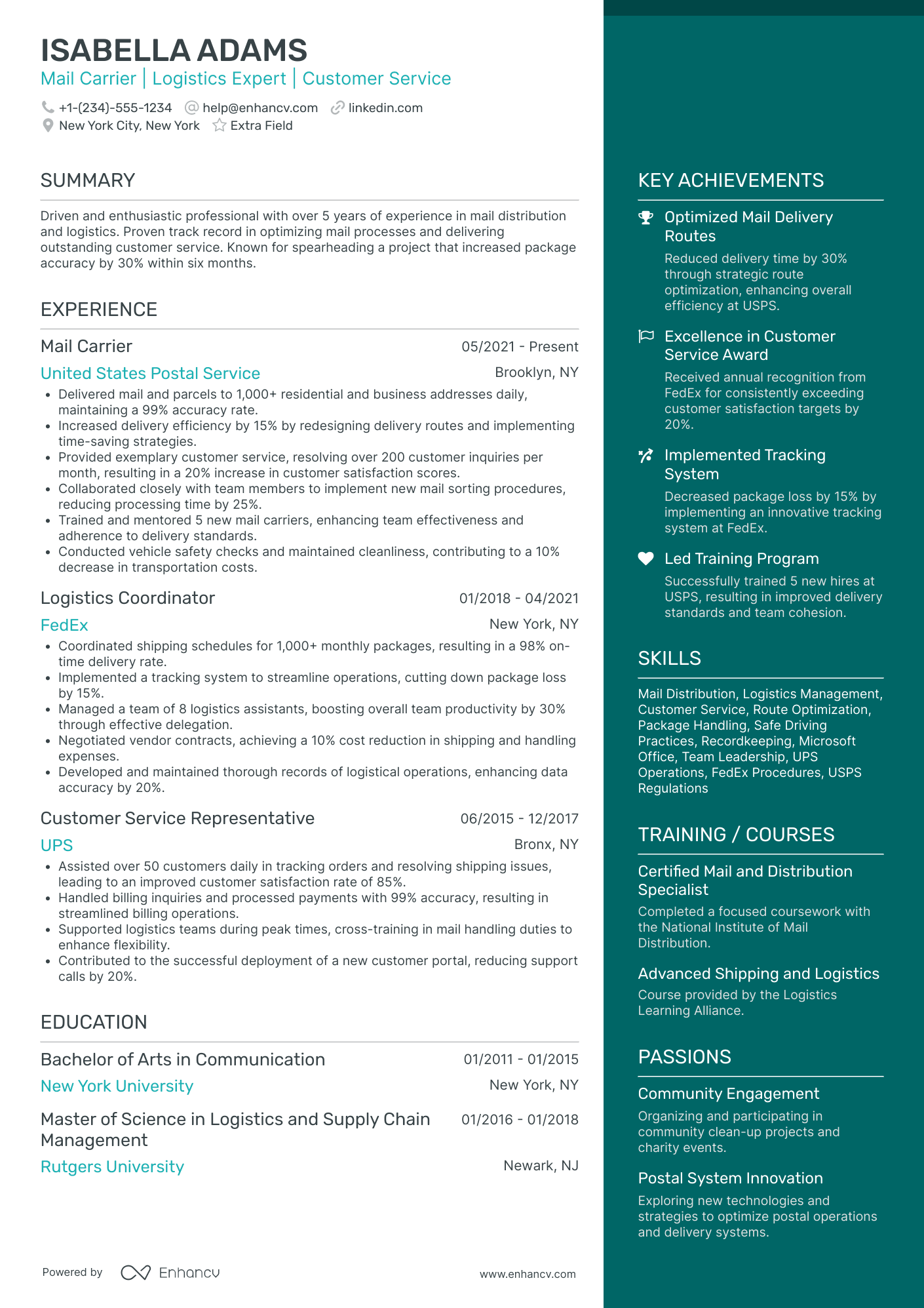 US Postal Service Mail Carrier Resume Example