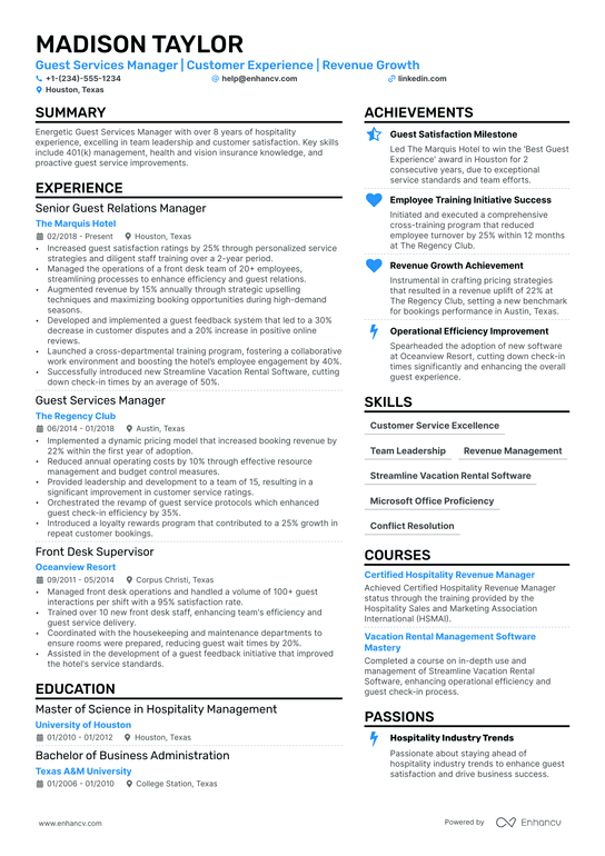 Guest Services Manager Resume Example