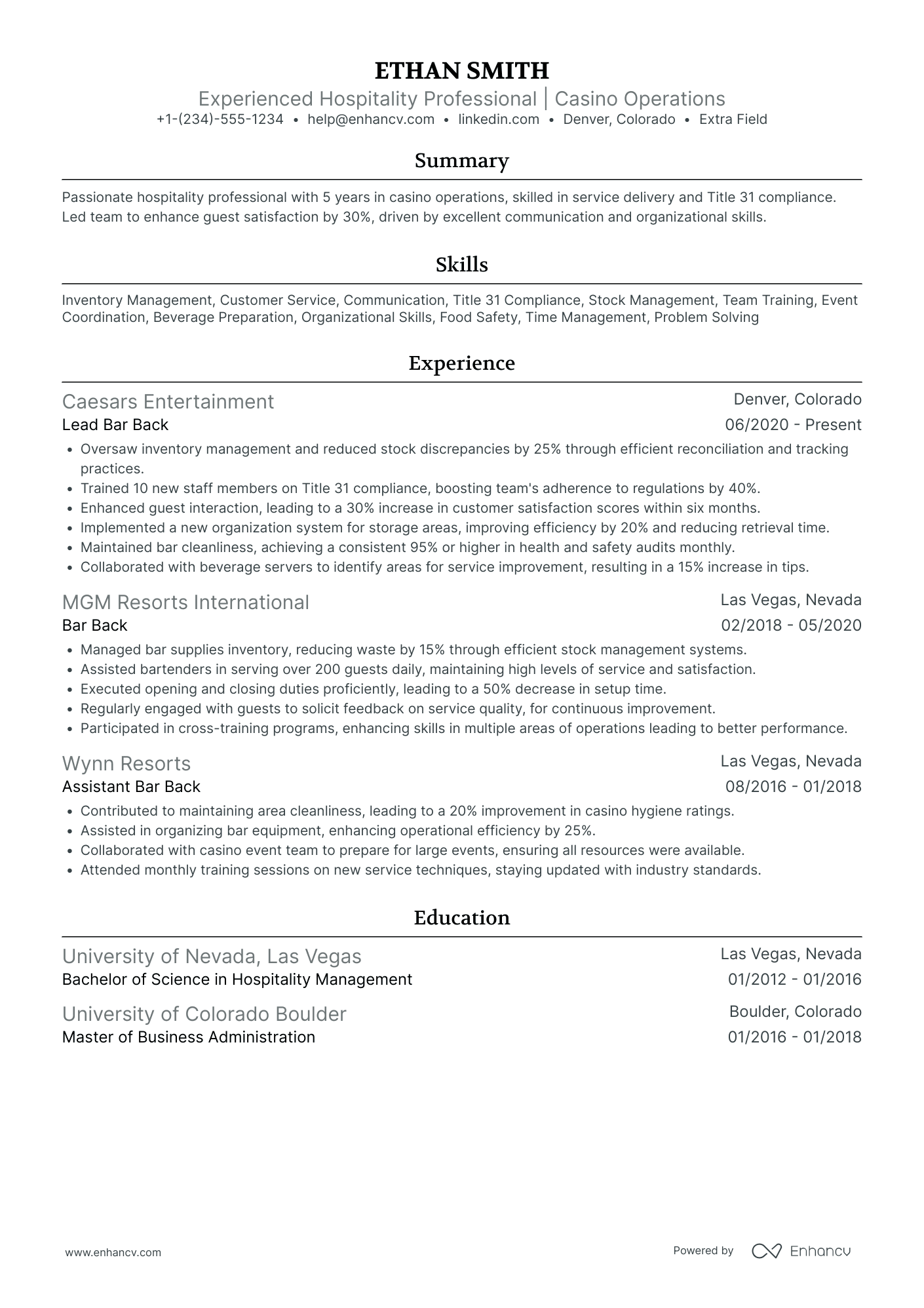 Senior Barback Resume Example