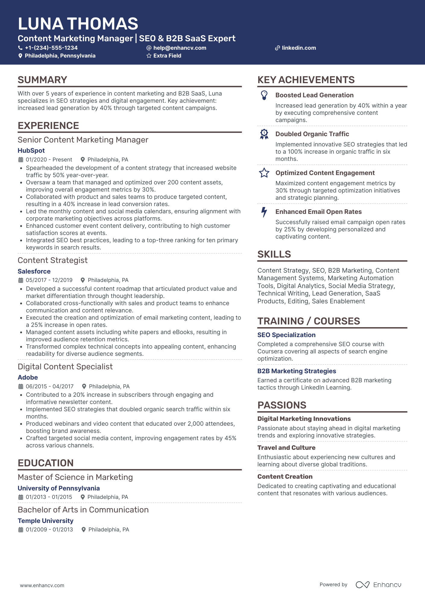 Content Marketing Manager Resume Example