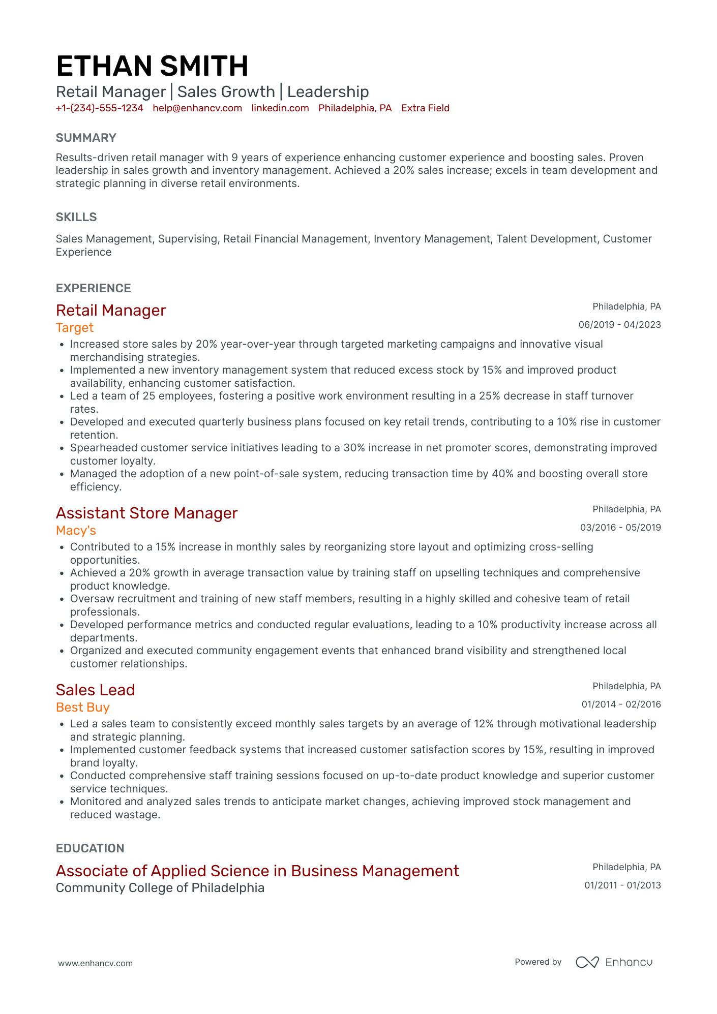 Spa Retail Manager Resume Example