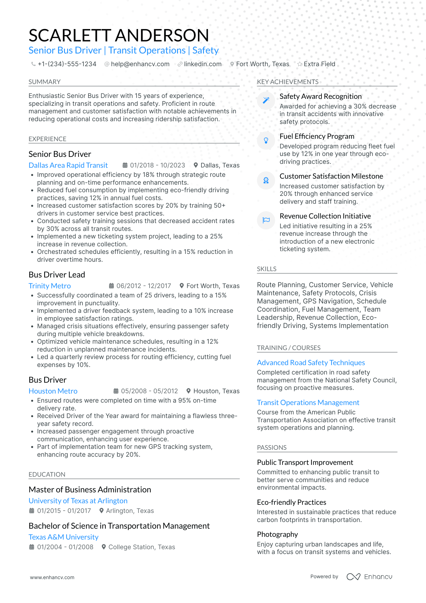 Senior Bus Driver Resume Example