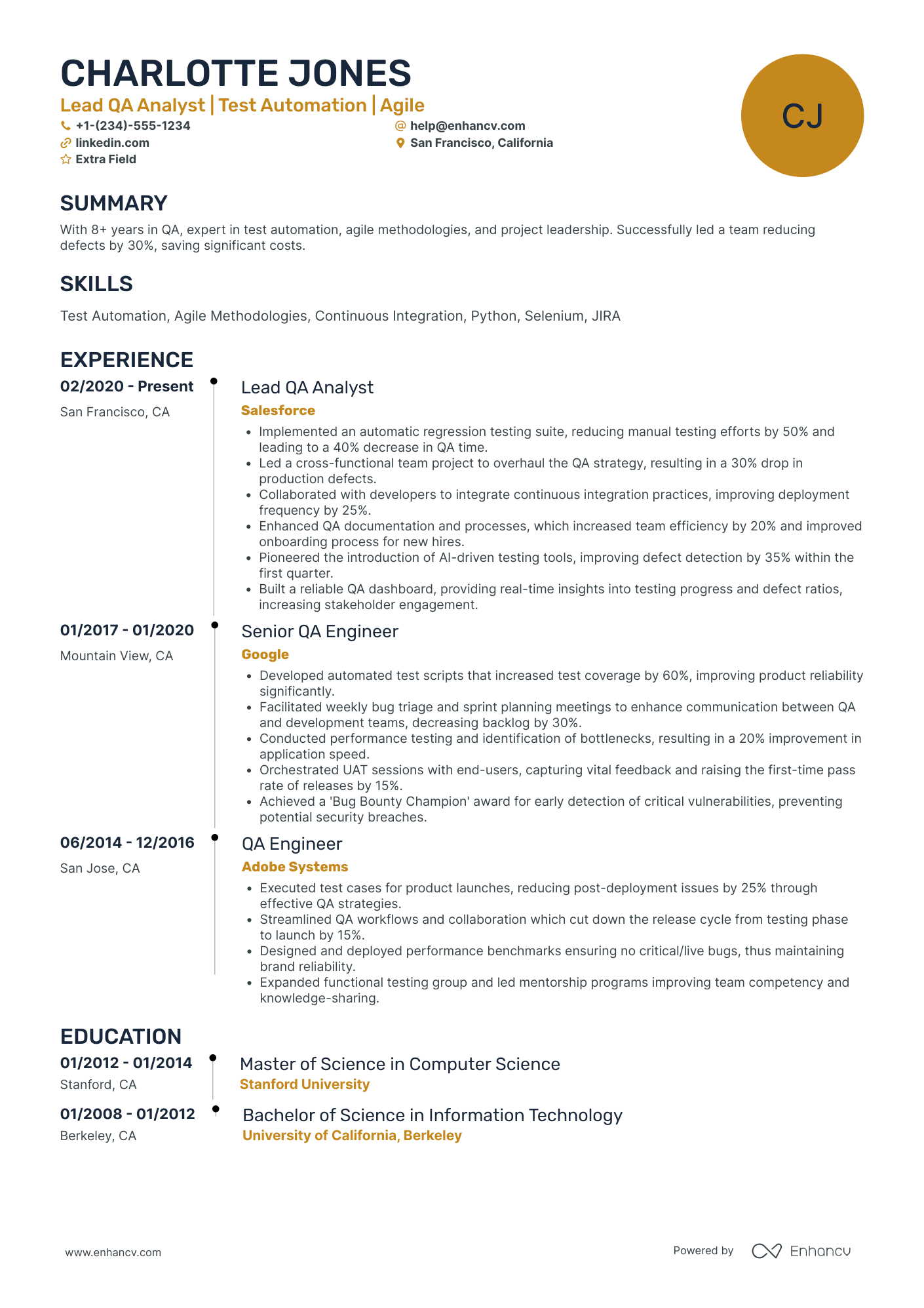 Lead QA Analyst Resume Example