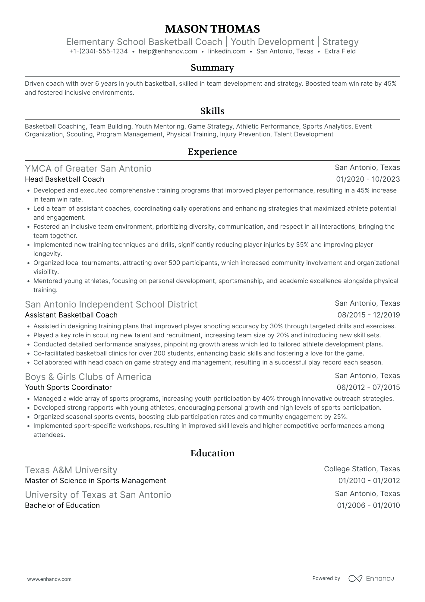 Elementary School Basketball Coach Resume Example