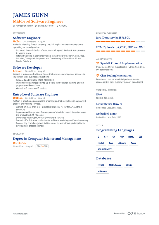 Mid Level Software Engineer Resume Example