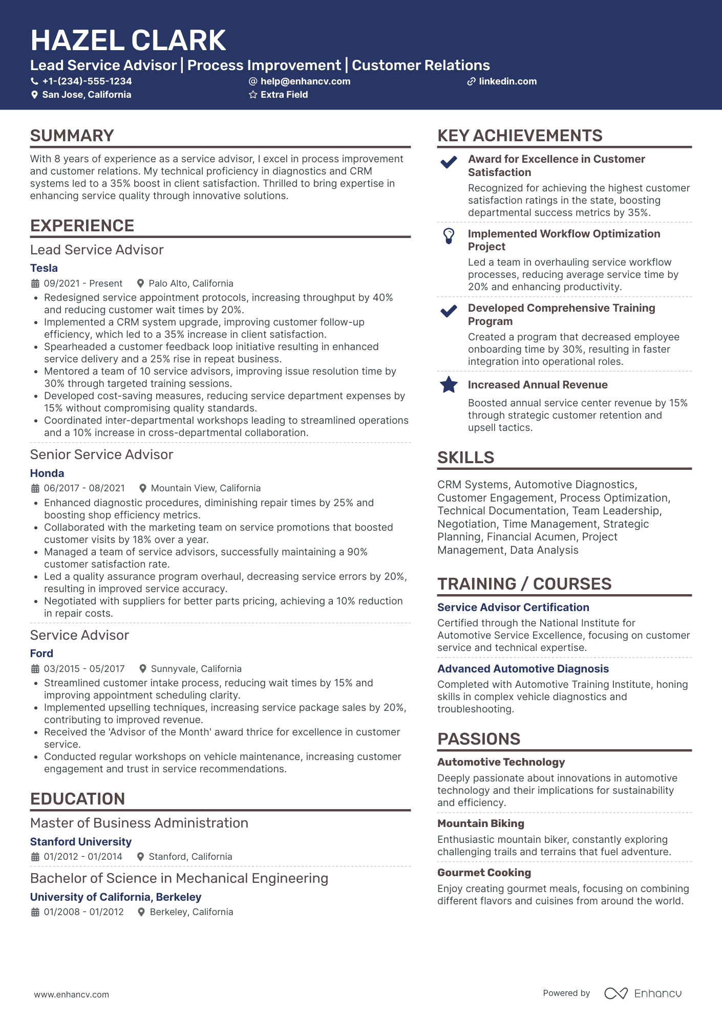 Lead Service Advisor Resume Example