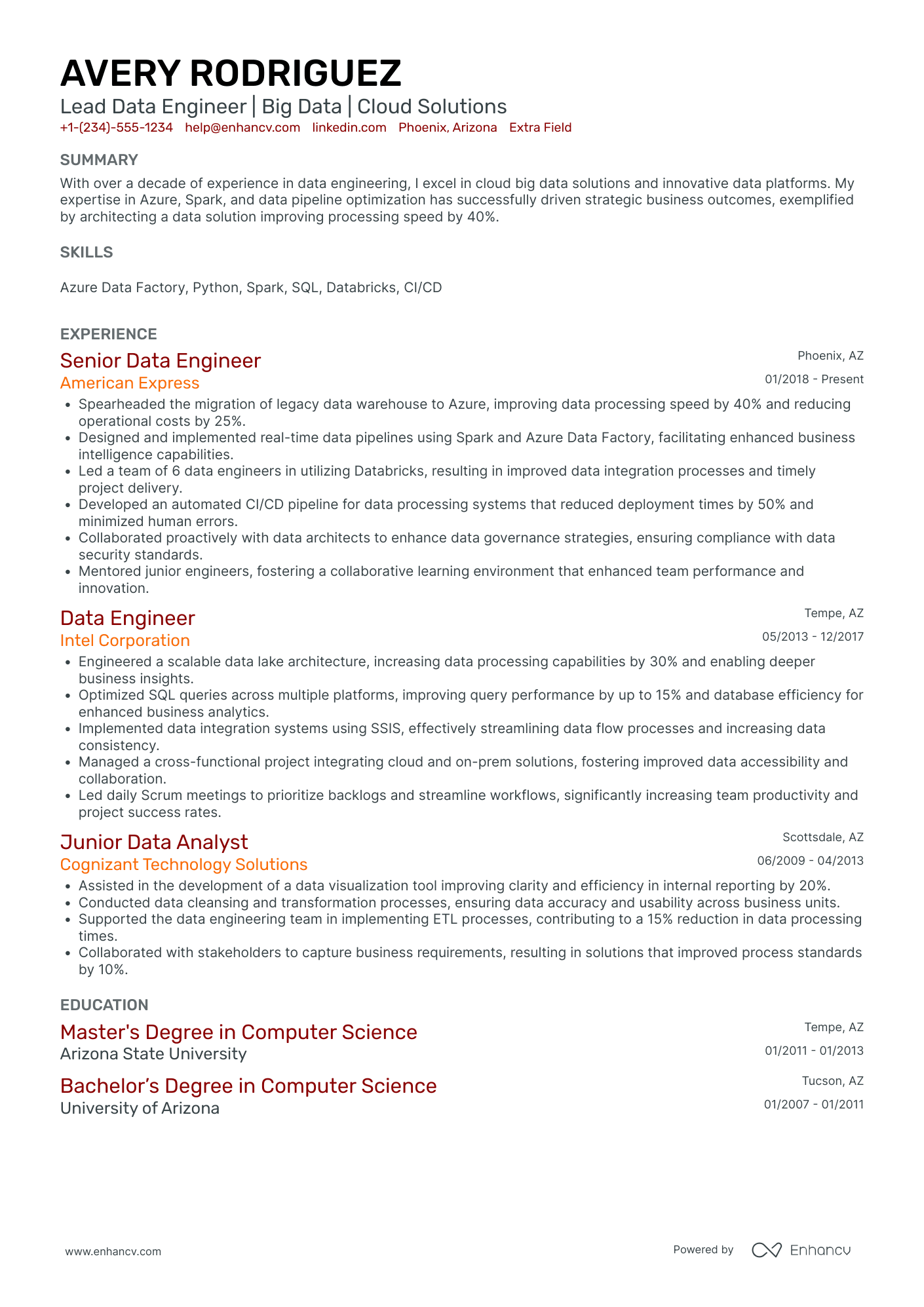 Lead Big Data Engineer Resume Example