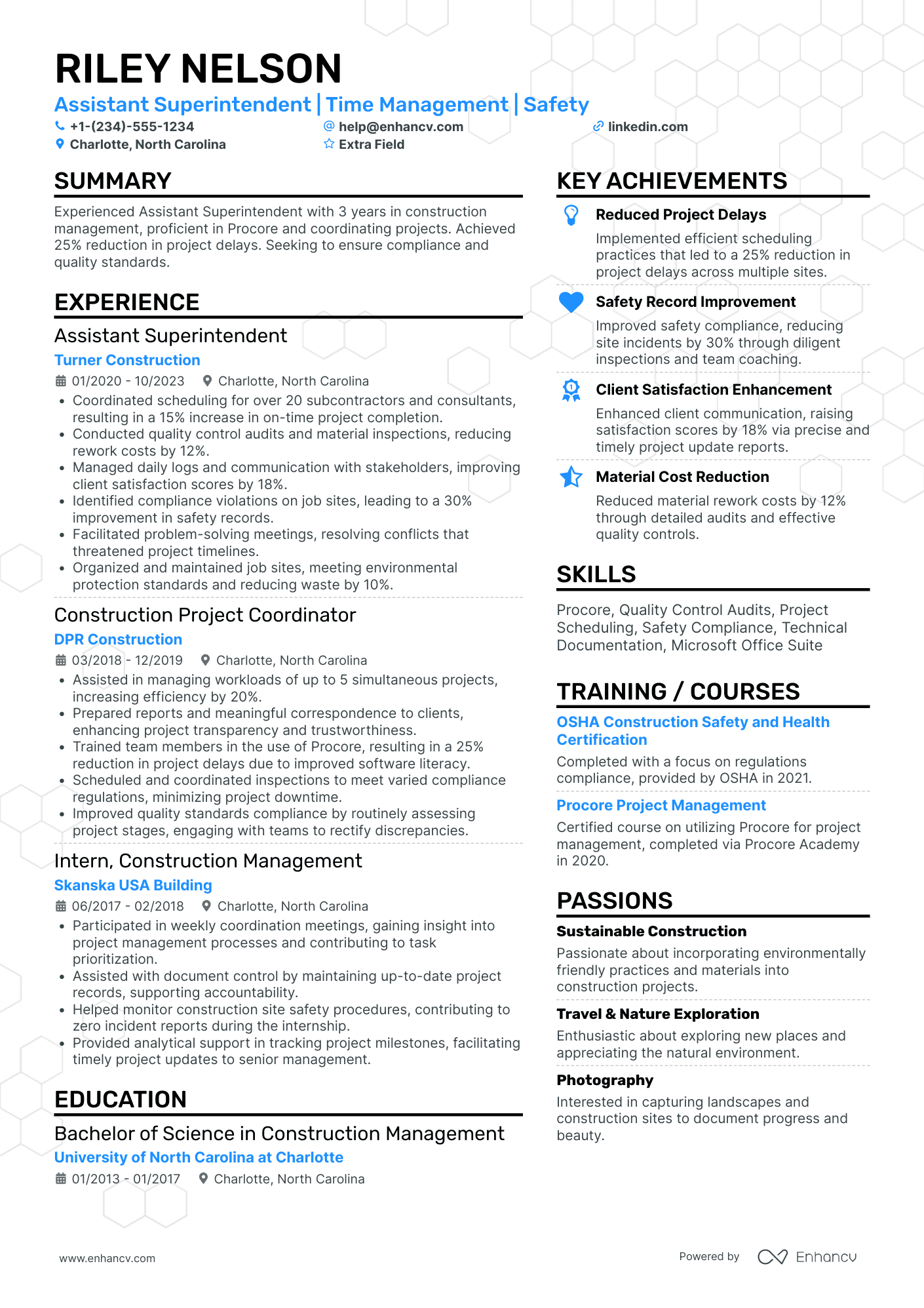 Assistant Construction Superintendent Resume Example